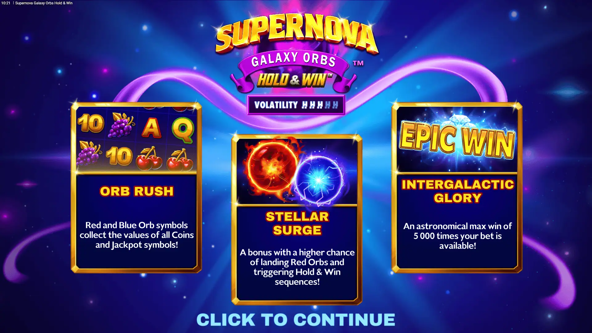 Supernova Galaxy Orbs slot intro screen
