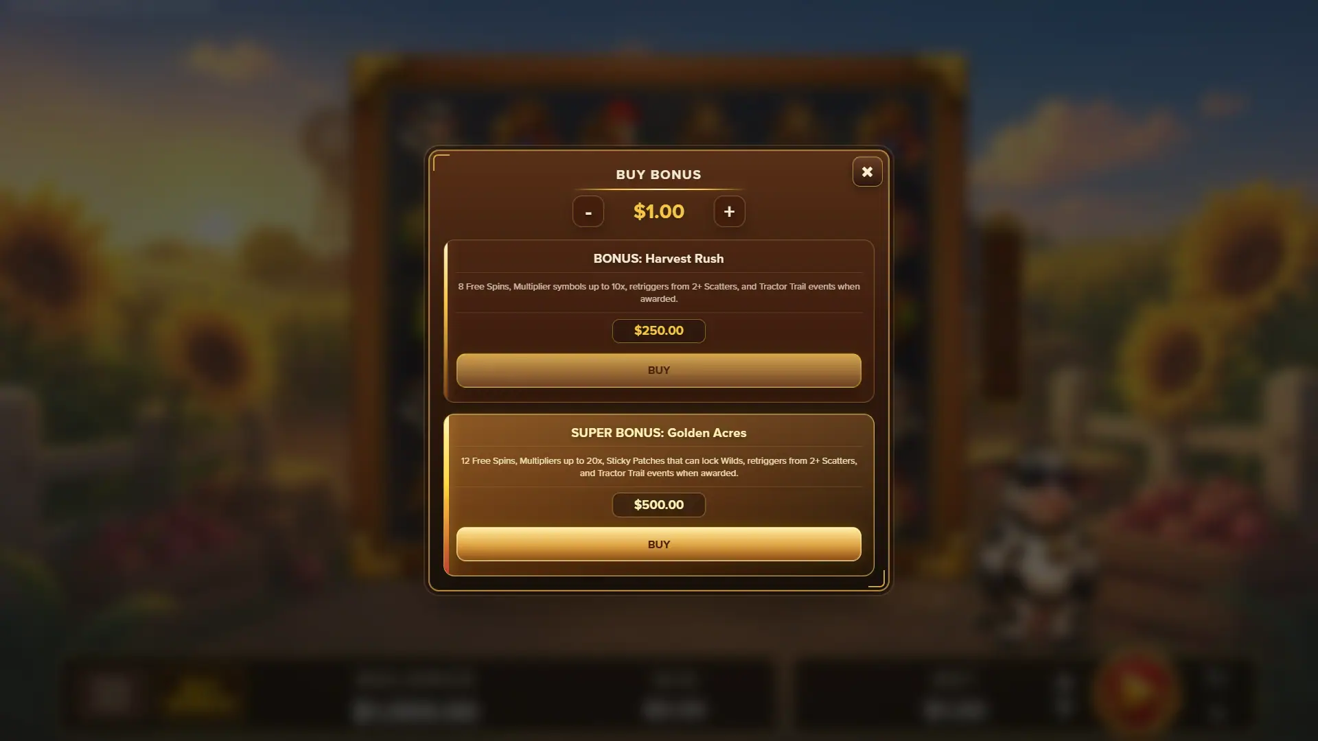 Farm Rush Cascade bonus buy menu