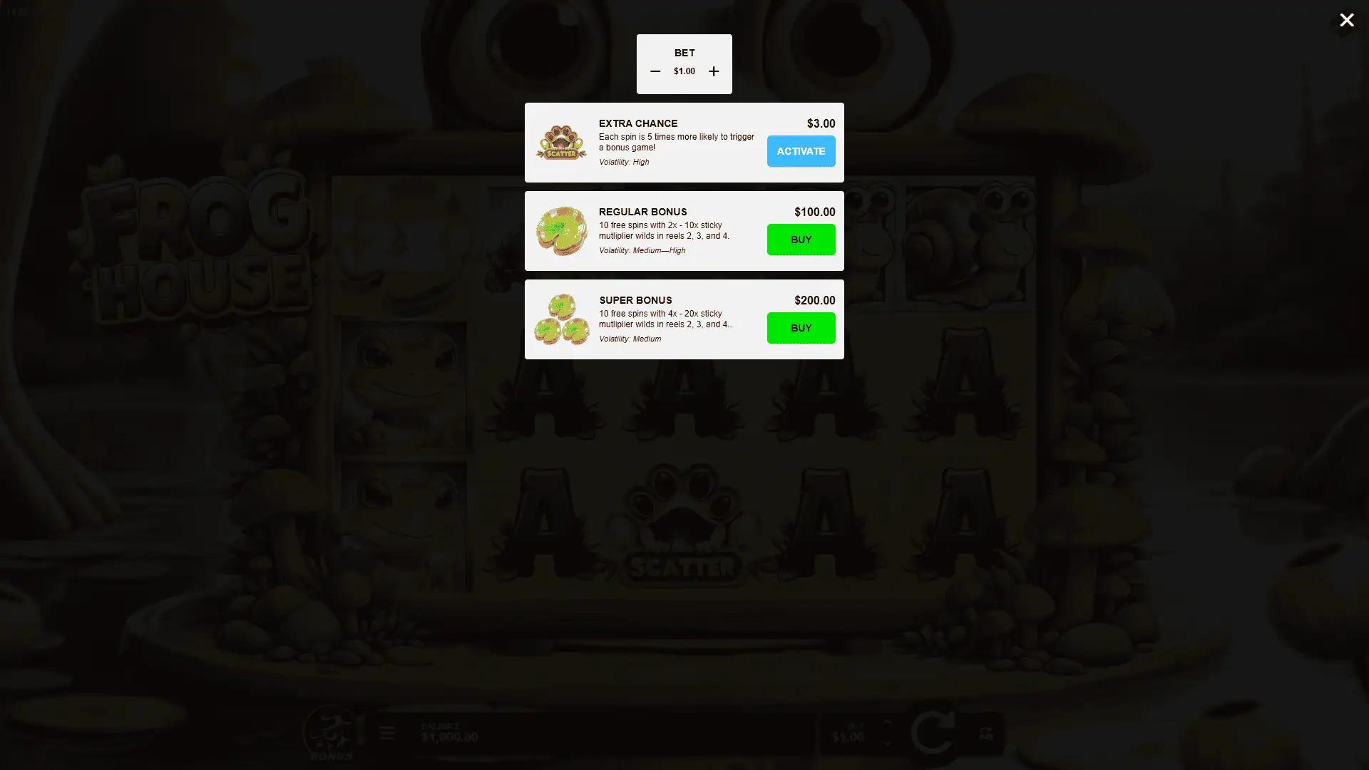 Frog House bonus buy menu