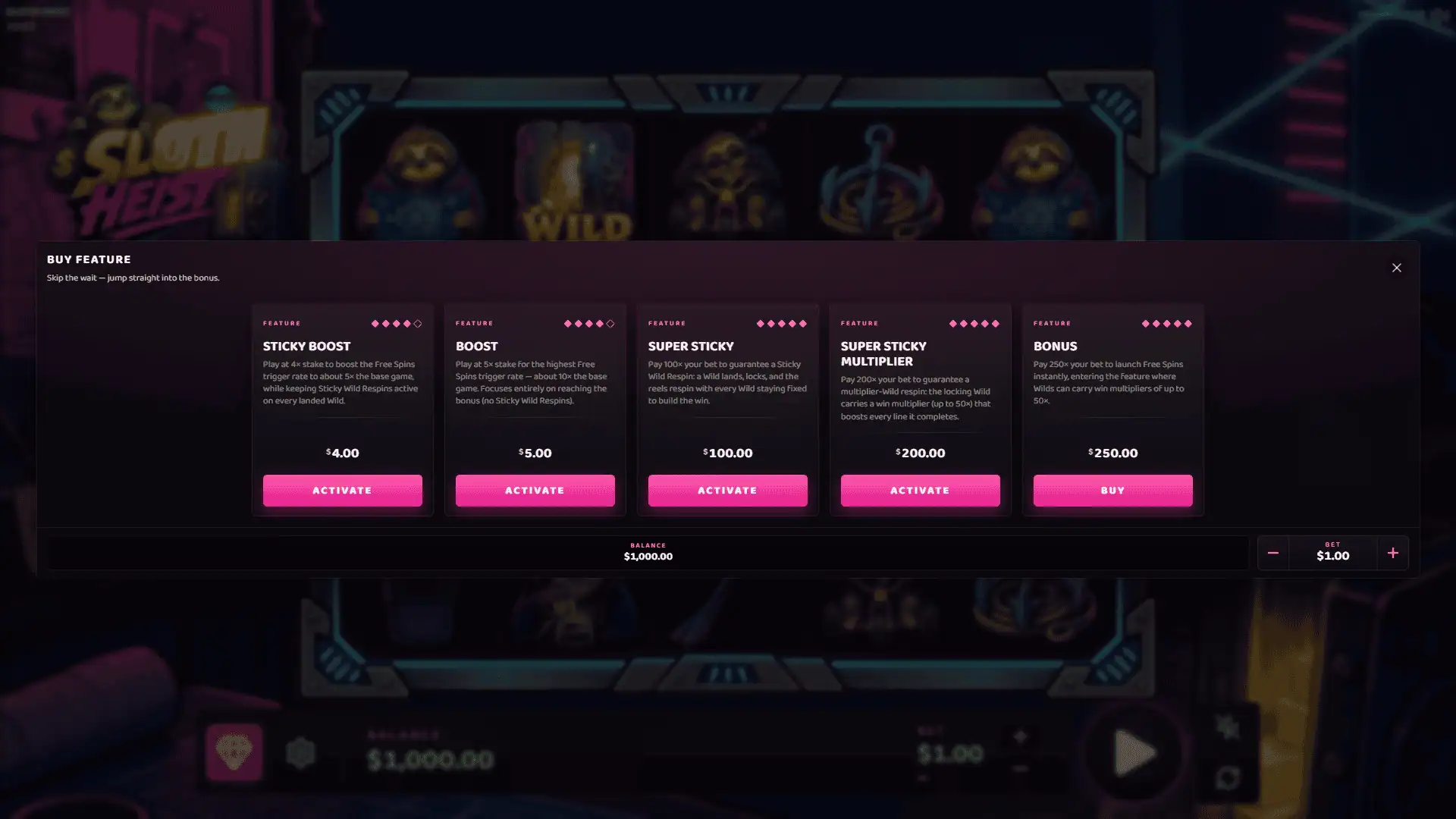 Sloth Heist bonus buy menu