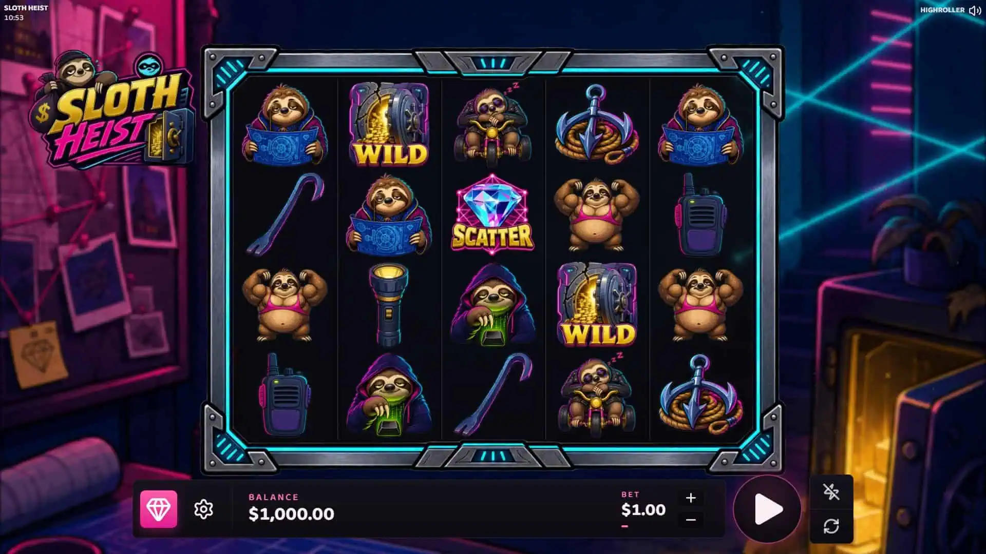 Sloth Heist slot gameplay reels