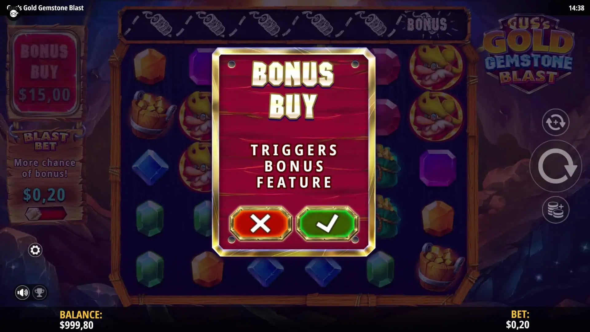 Gus&rsquo;s Gold Gemstone Blast bonus buy menu