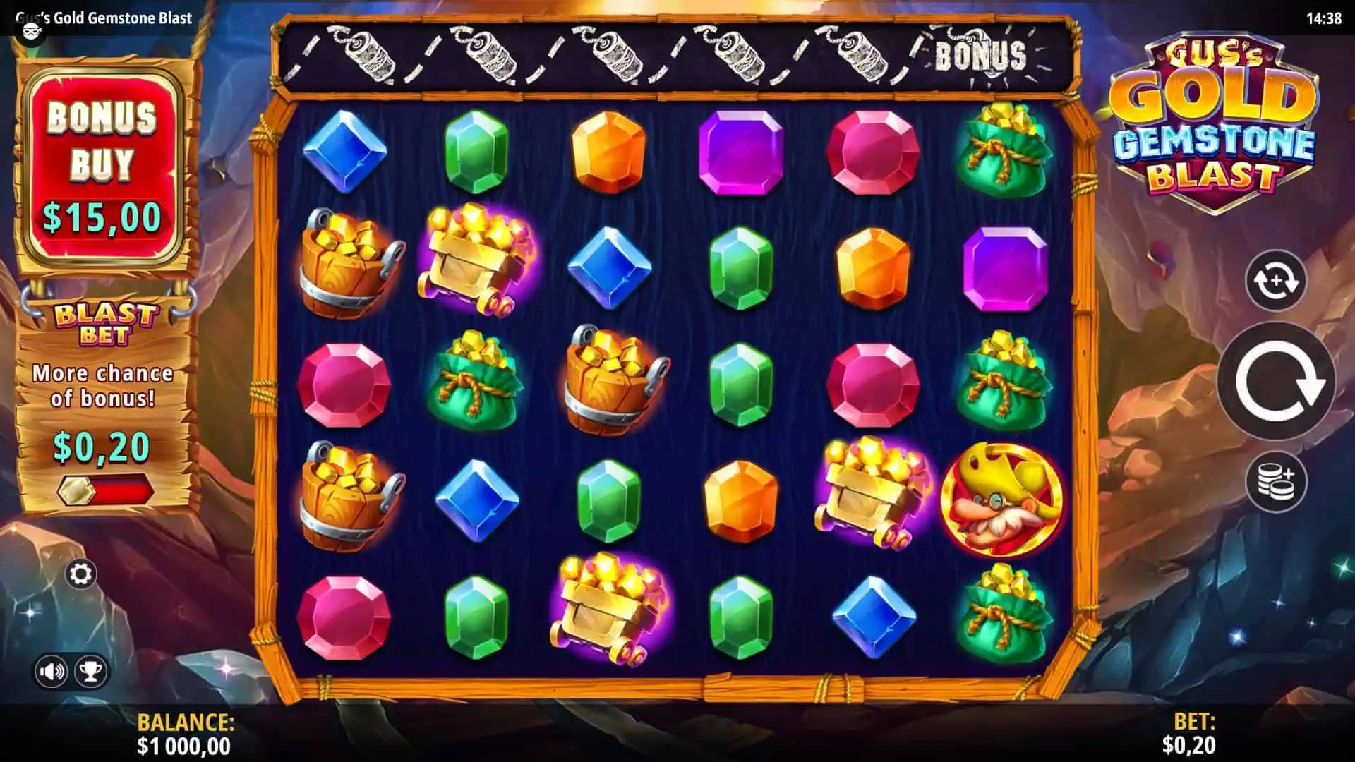 Gus&rsquo;s Gold Gemstone Blast slot gameplay reels