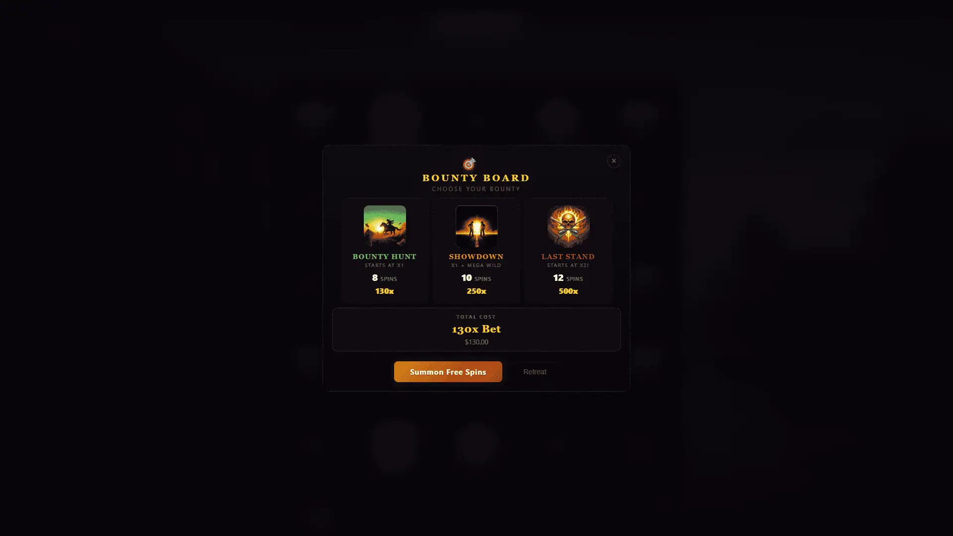 Wanted: Outlaw's Gold bonus buy menu