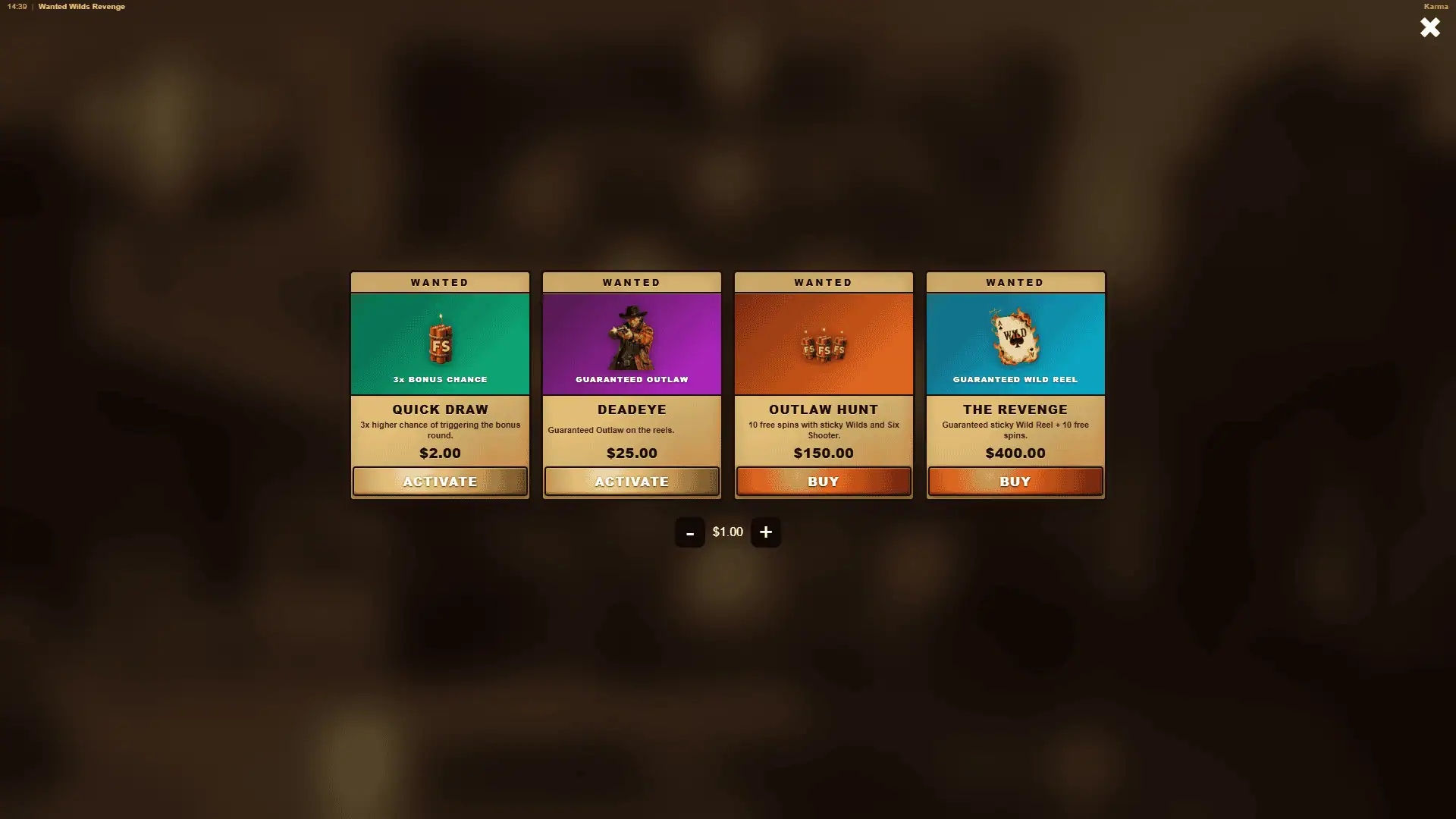 Wanted Wilds Revenge bonus buy menu