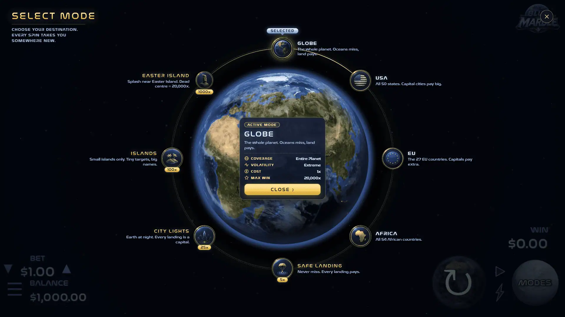 Blue Marble bonus buy menu
