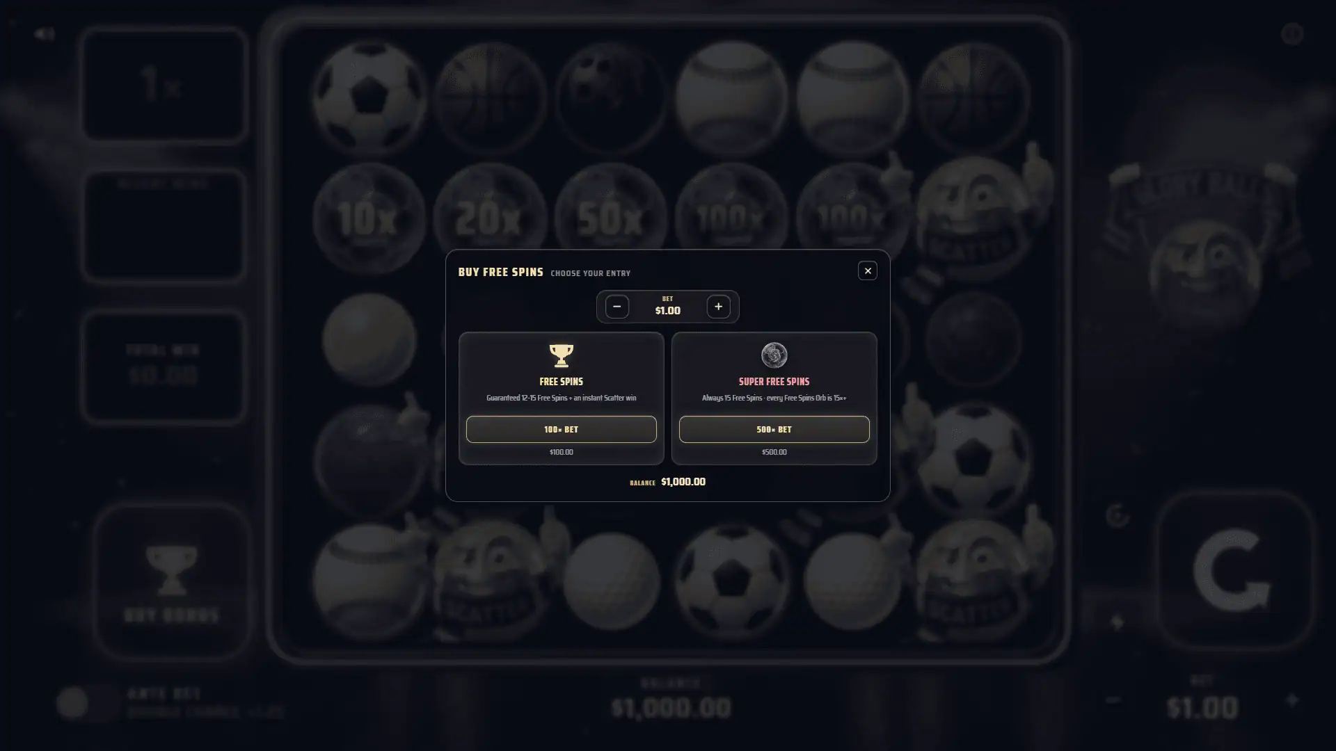 Glory Balls bonus buy menu
