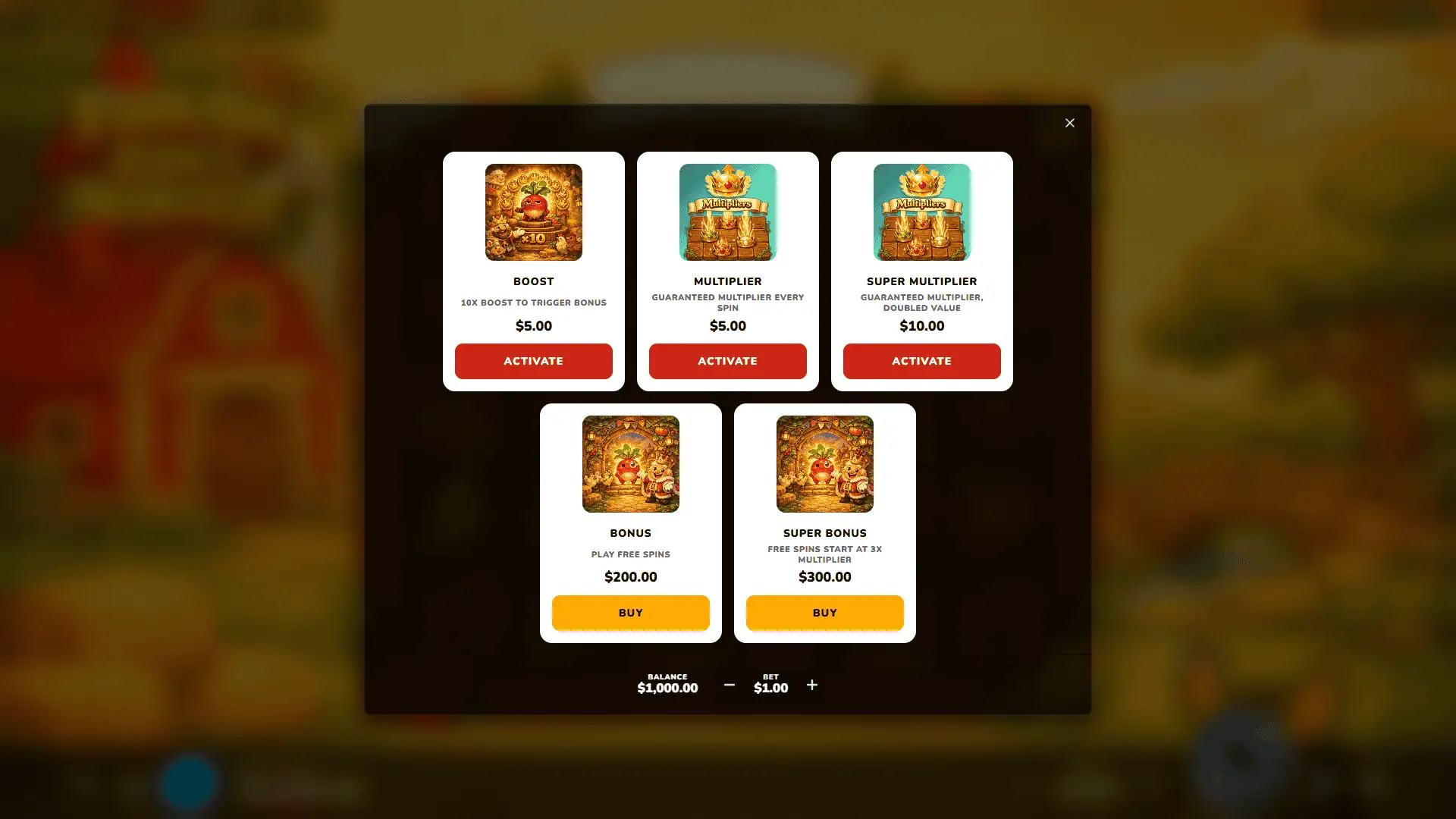 Foolish Kings Harvest bonus buy menu