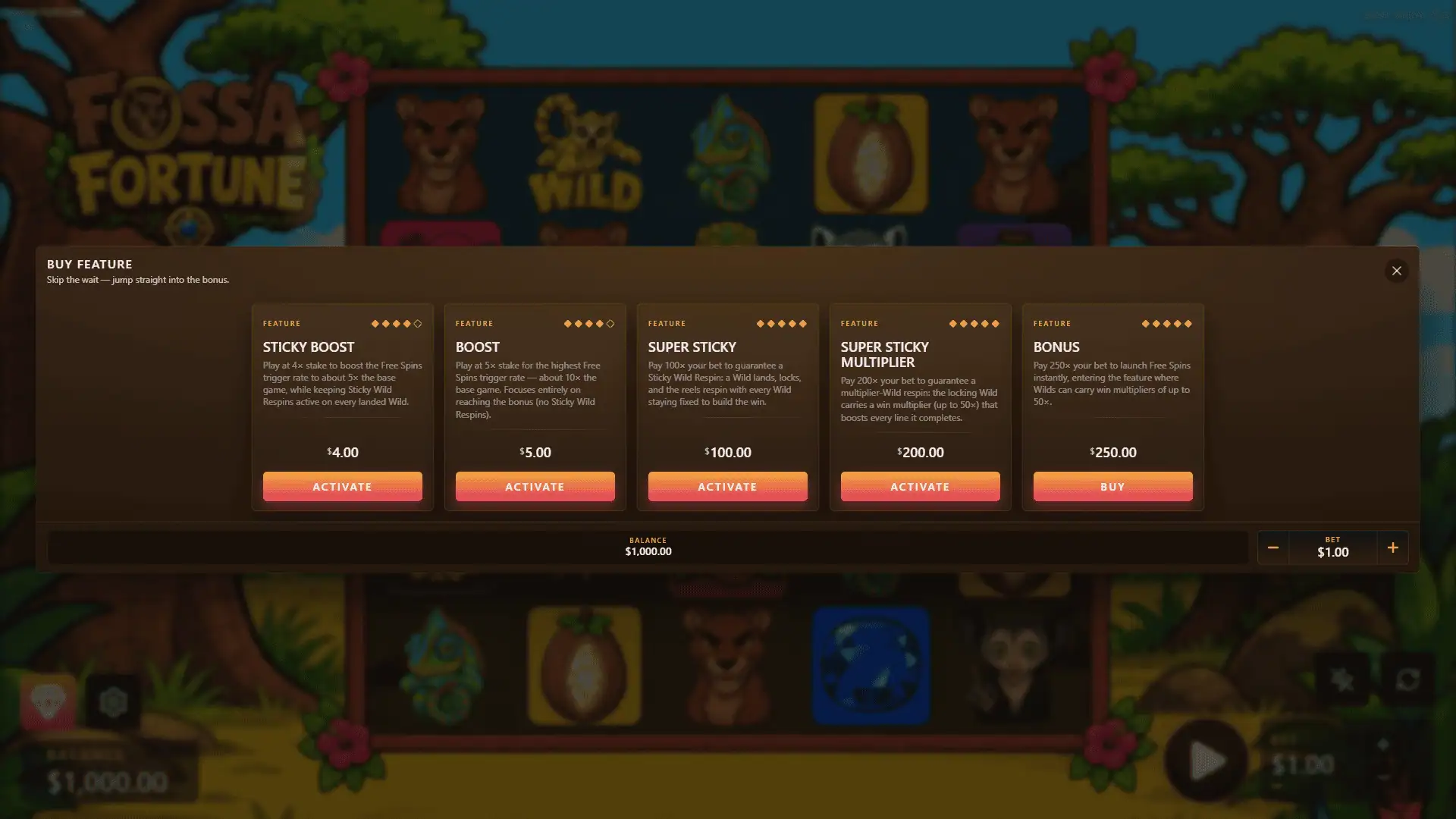 Fossa Fortune bonus buy menu
