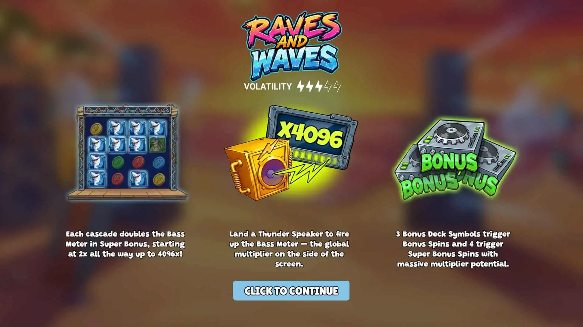 Raves and Waves slot intro screen