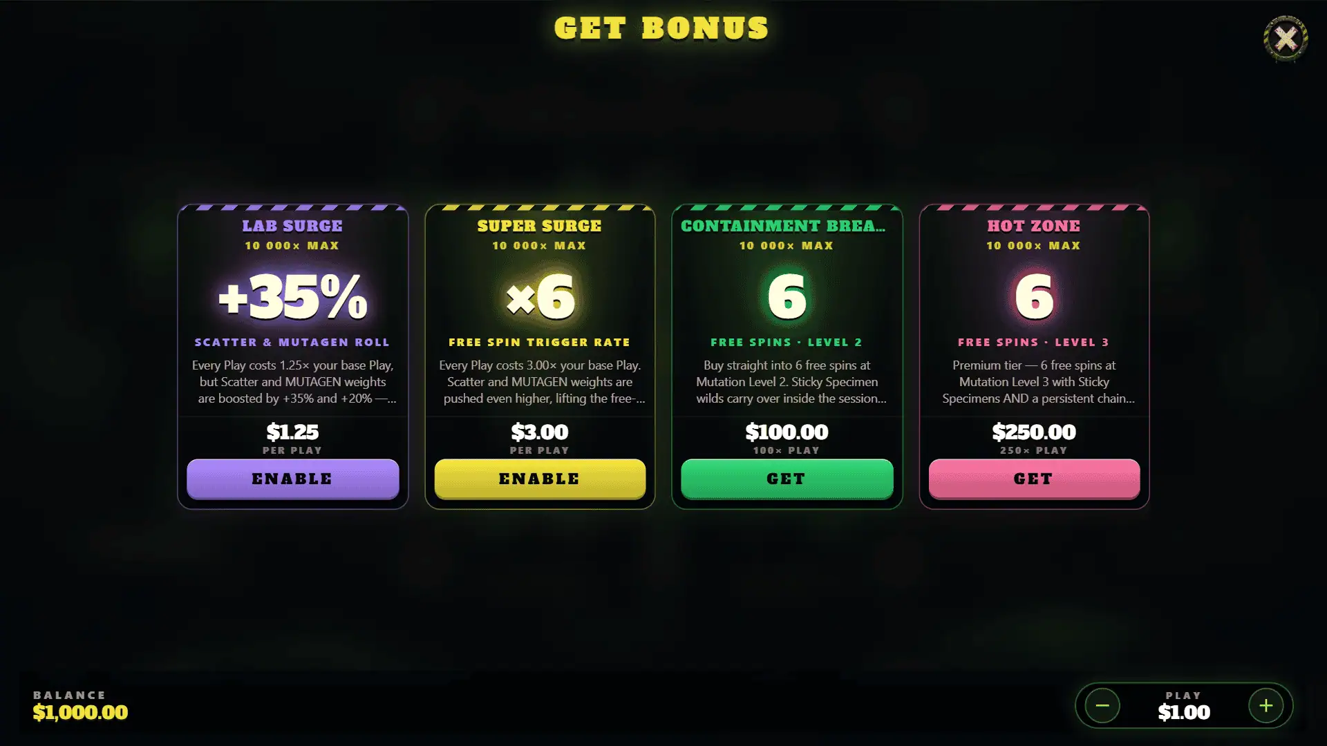 Mutagenesis Mayhem bonus buy menu