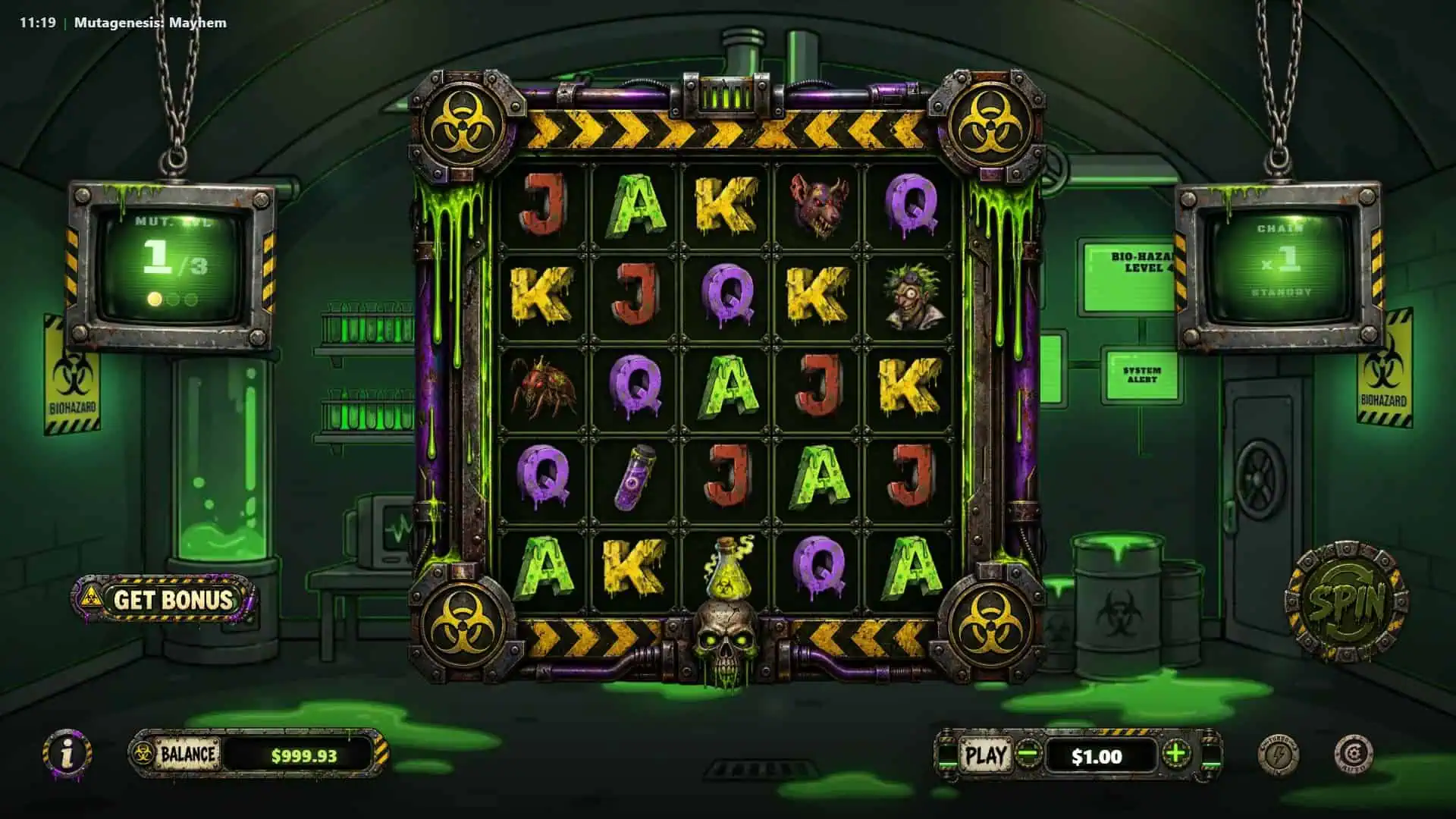Mutagenesis Mayhem slot gameplay reels