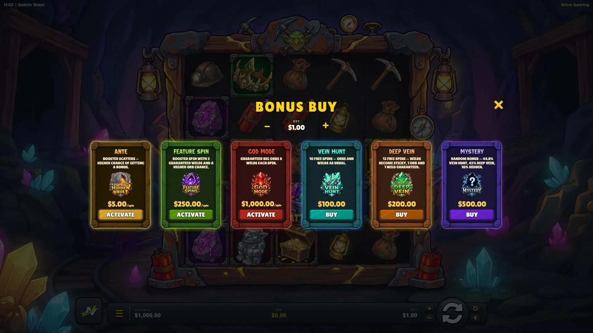Goblin Gold Mine bonus buy menu