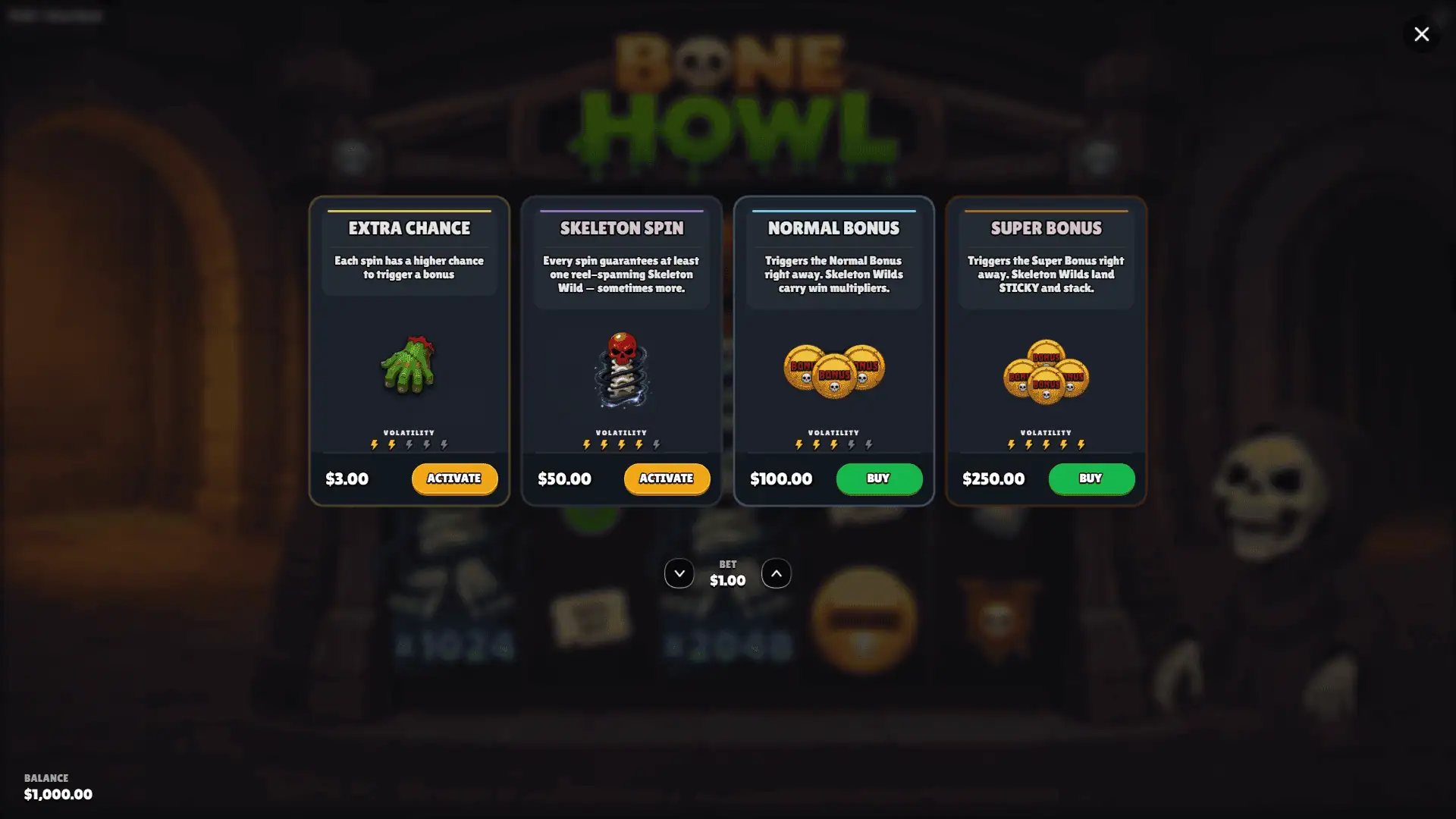 Bone Howl bonus buy menu