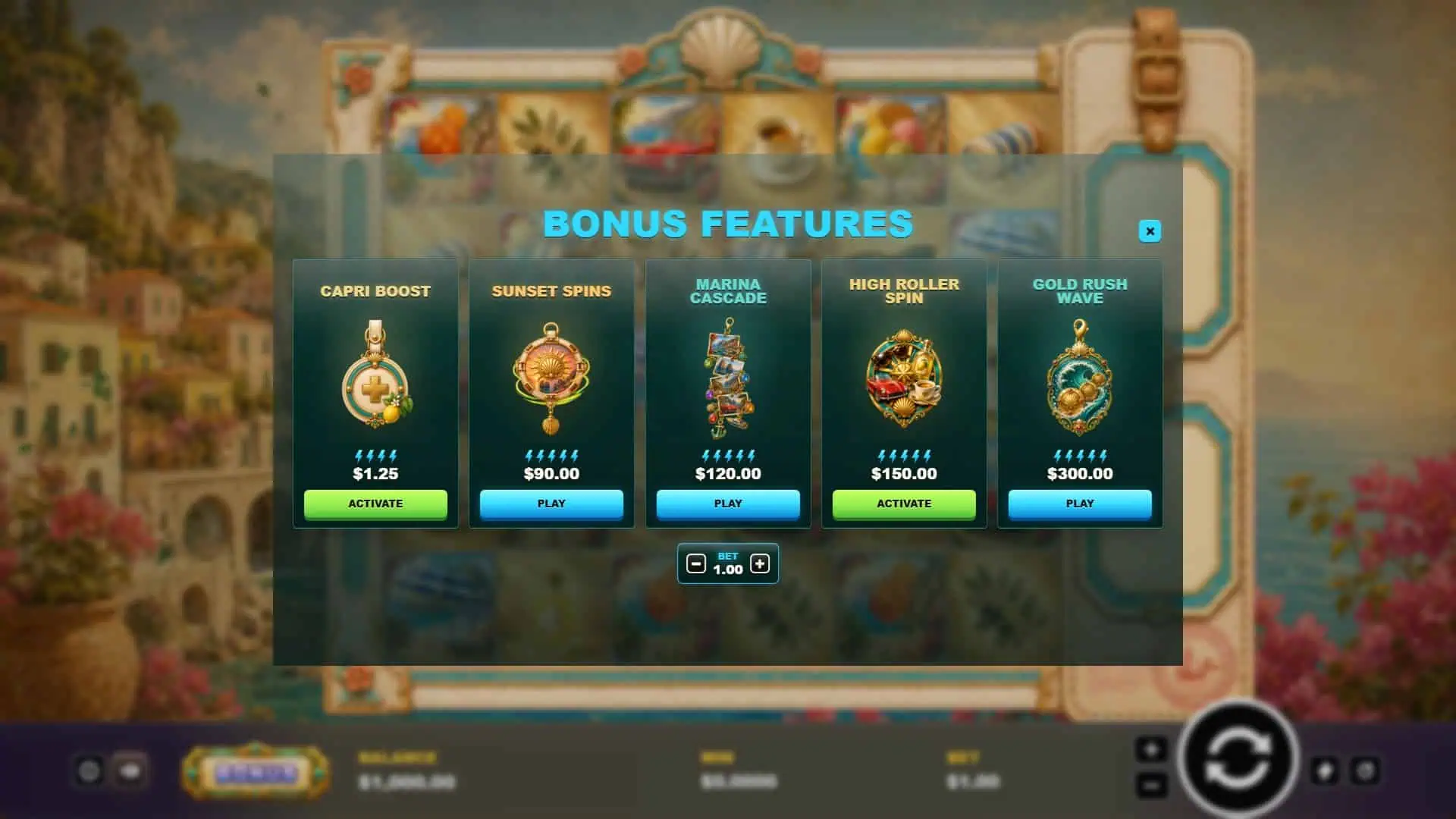 Capri Gold Rush bonus buy menu