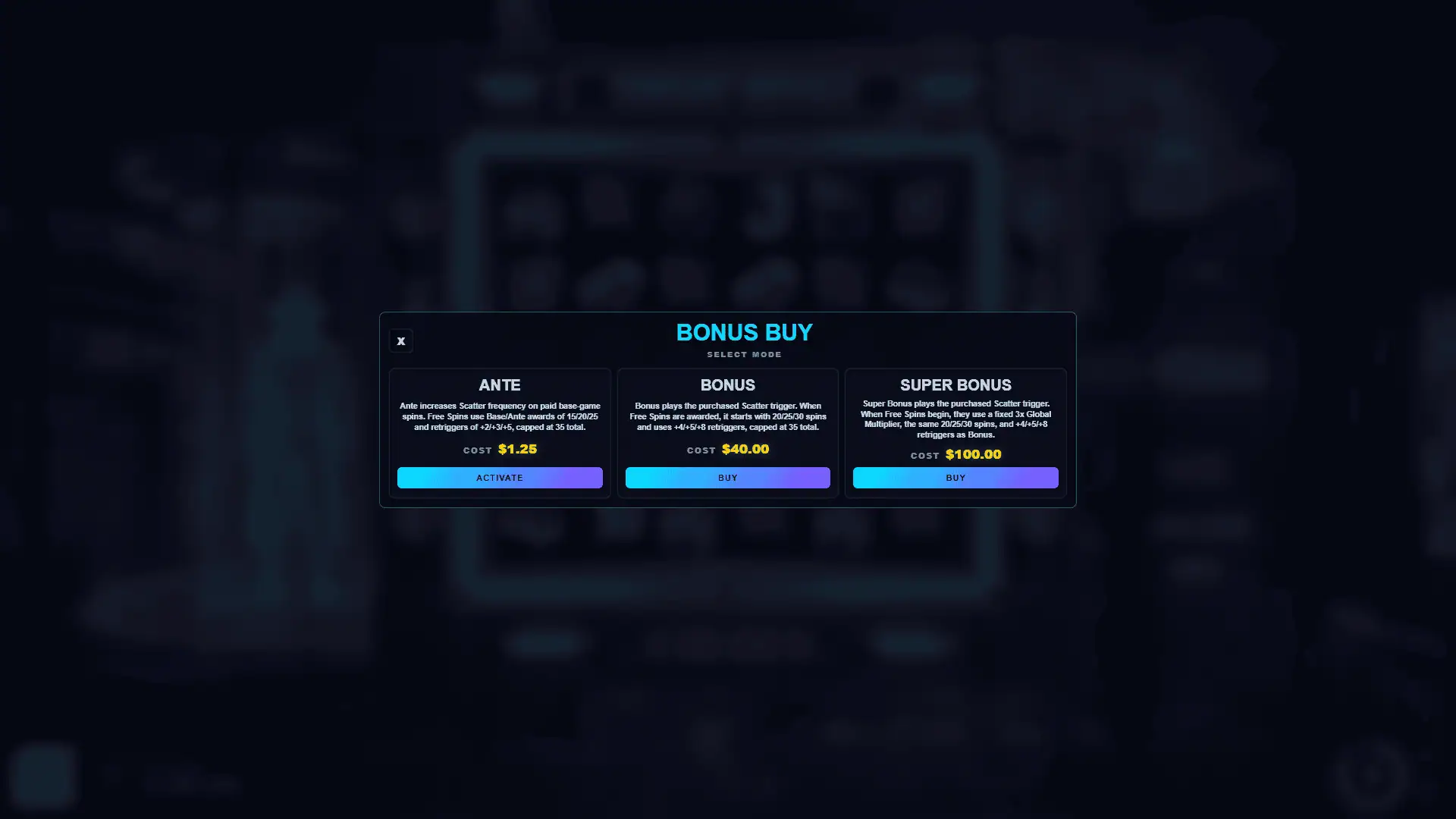 Circuit Royale bonus buy menu