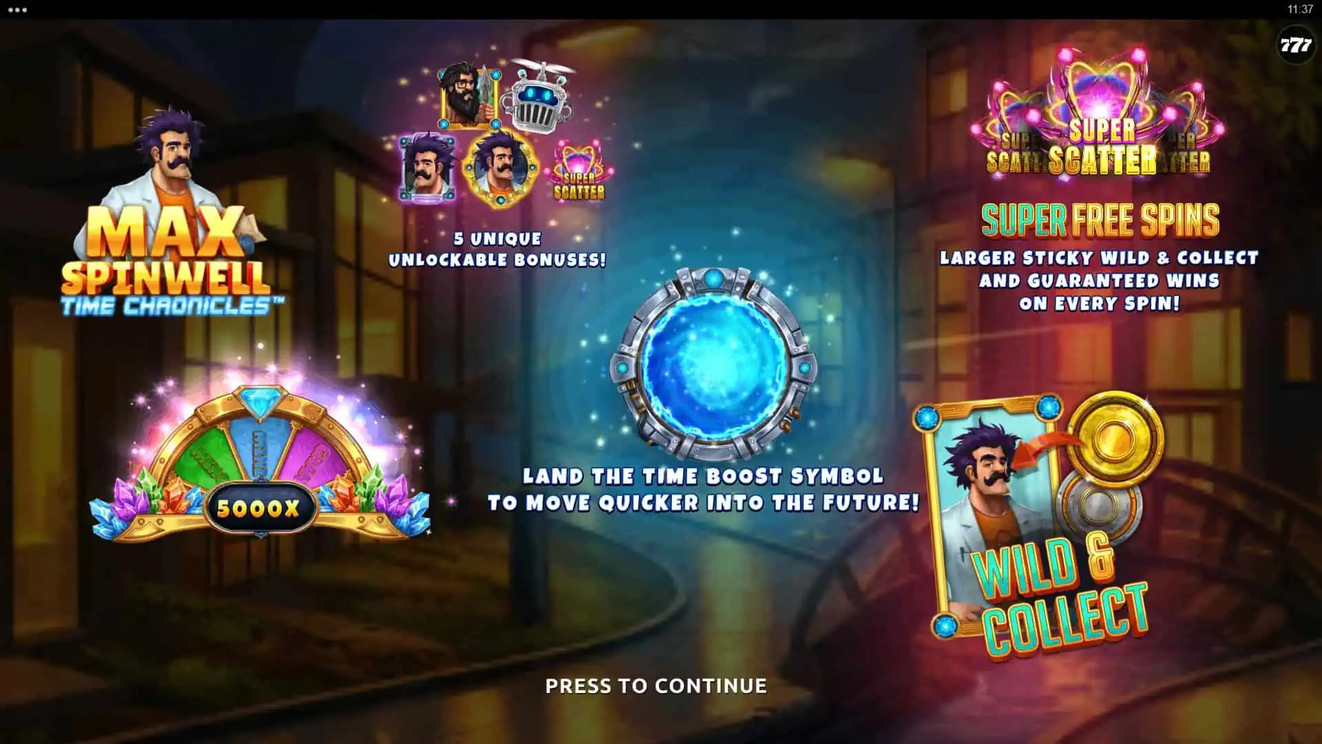 Max Spinwell Time Chronicles slot intro screen