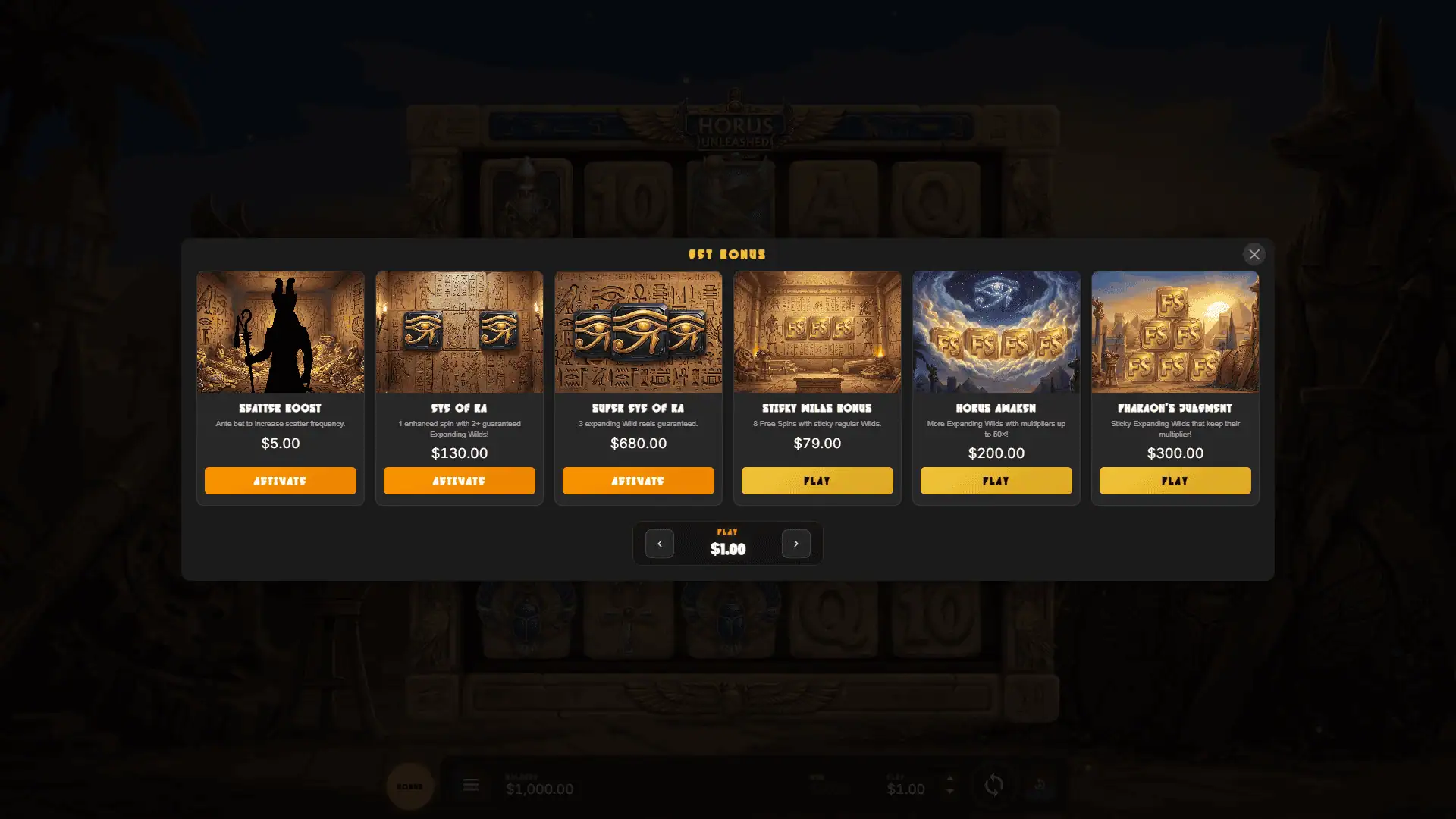 Horus Unleashed bonus buy menu