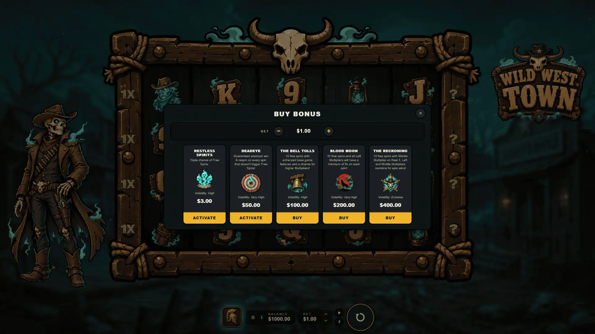 Wild West Town bonus buy menu
