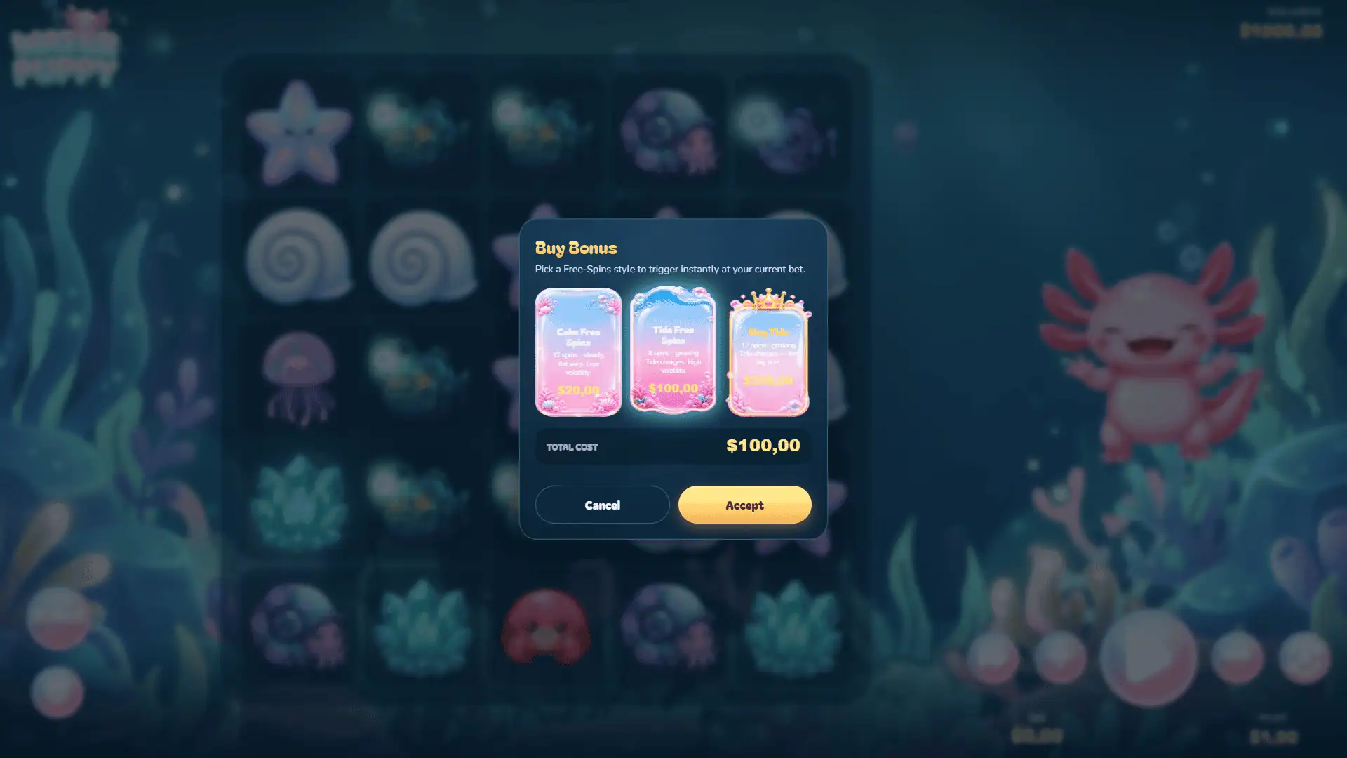 Water Puppy Cluster Pays bonus buy menu