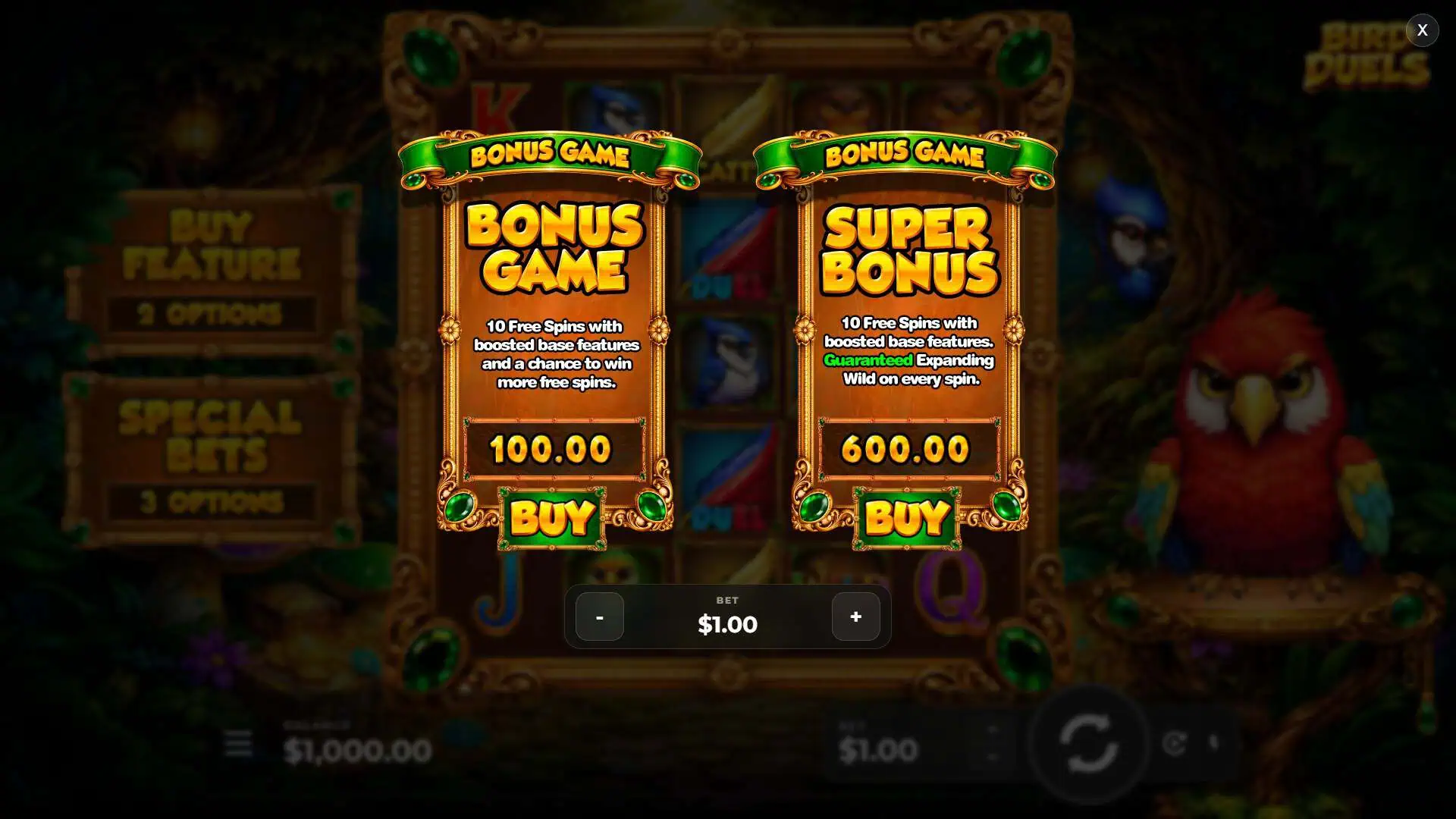 Bird Duels bonus buy menu