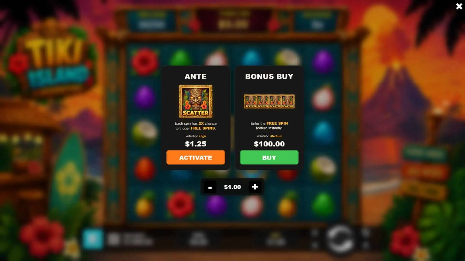 Tiki Island bonus buy menu