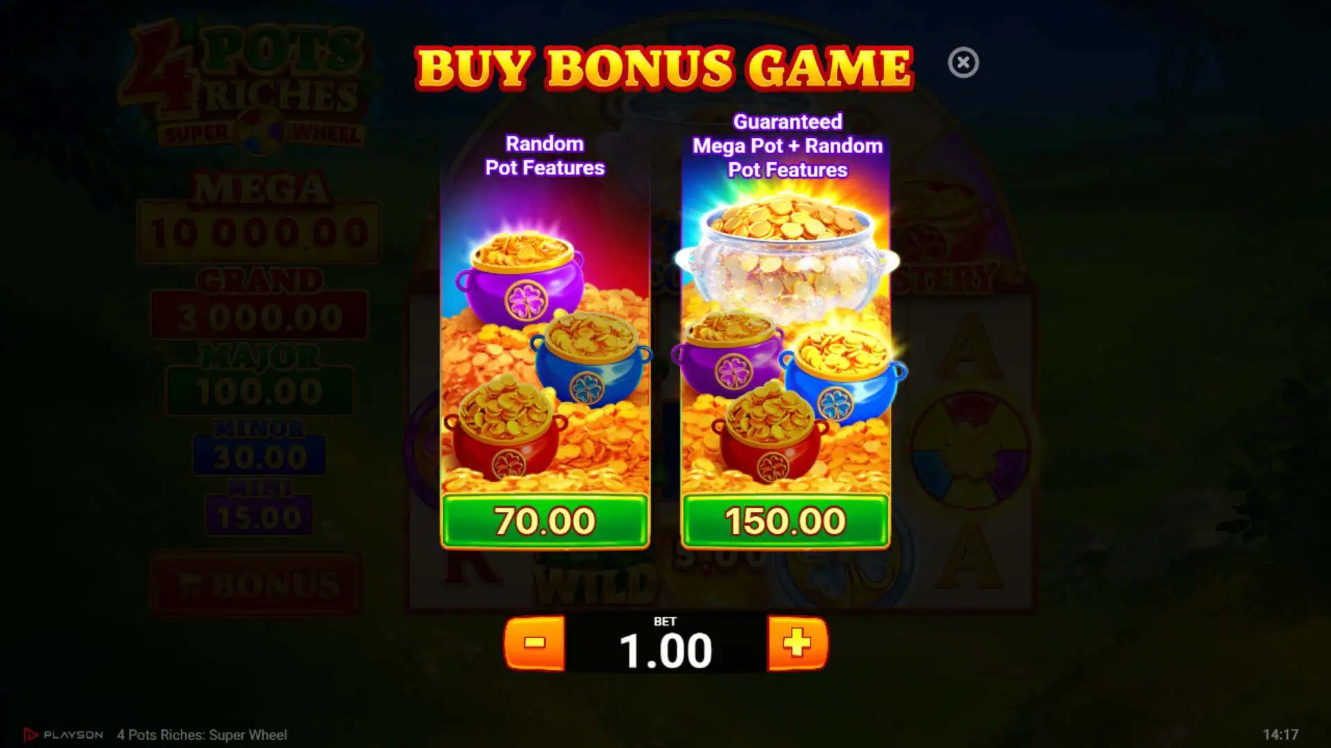 4 Pots Riches Super Wheel bonus buy menu