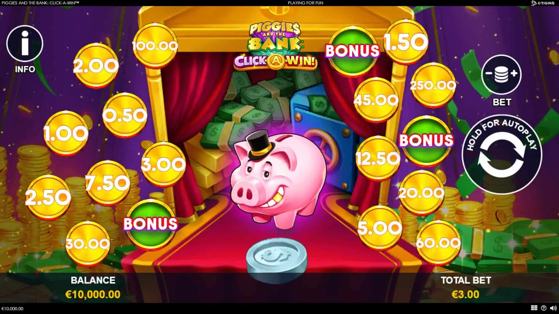 Piggies and the Bank Click-A-Win slot gameplay reels