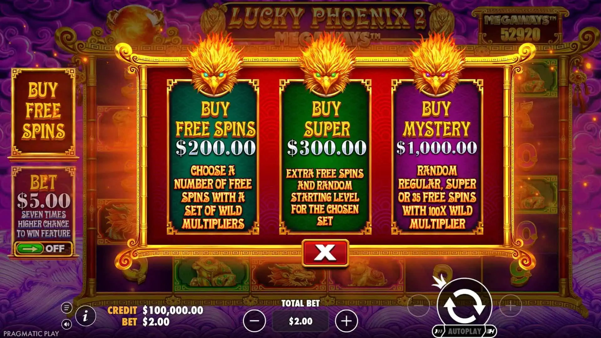 Lucky Phoenix Megaways 2 bonus buy menu