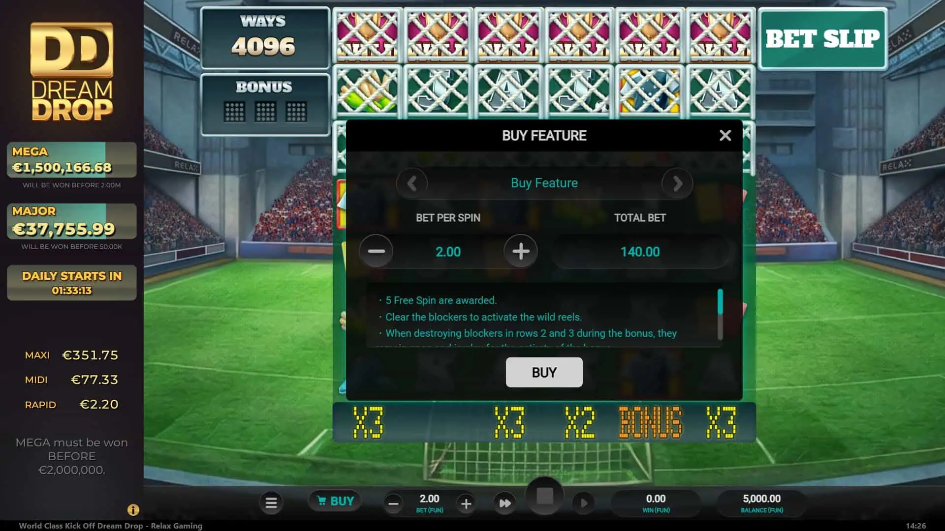 World Class Kick Off Dream Drop bonus buy menu