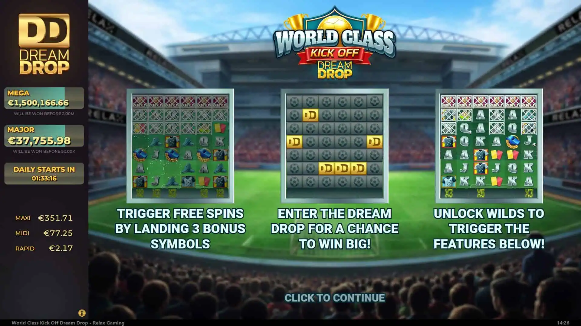 World Class Kick Off Dream Drop slot intro screen