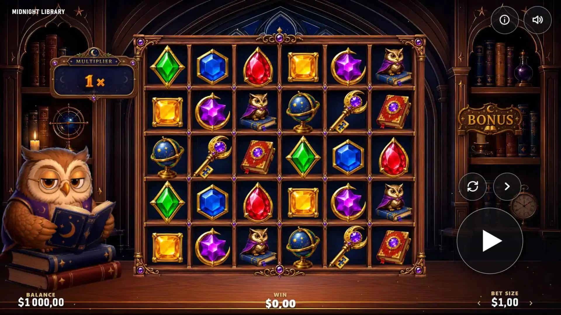 Midnight Library slot gameplay reels