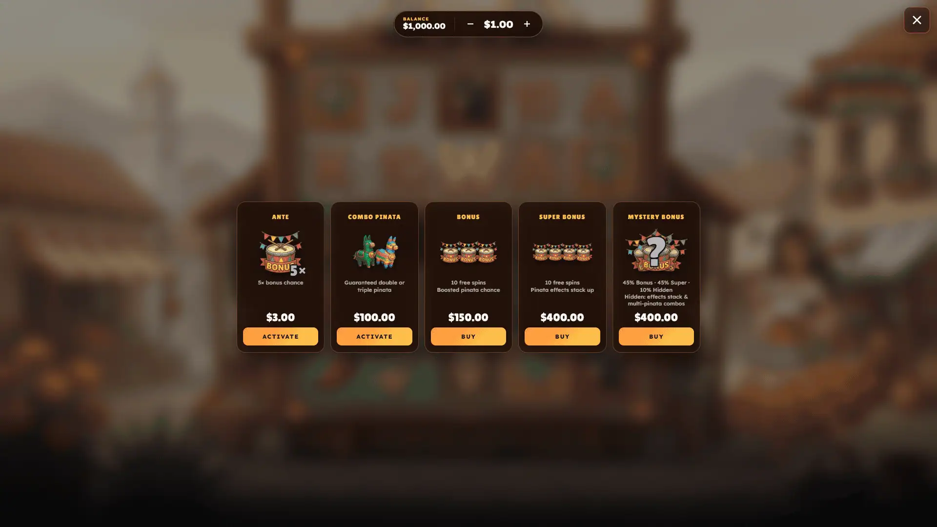 Pinata Riot bonus buy menu