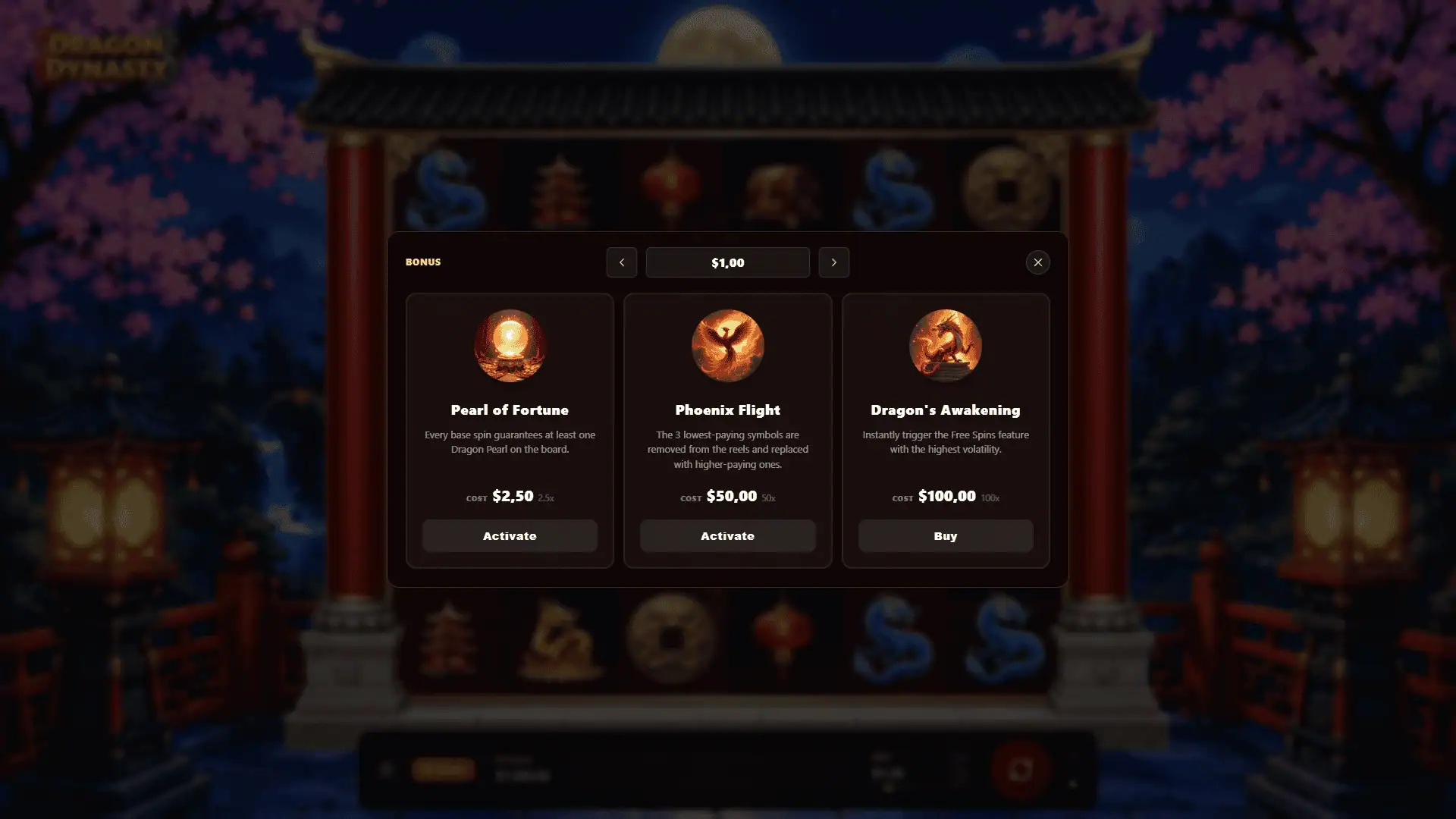 Dragon Dynasty bonus buy menu
