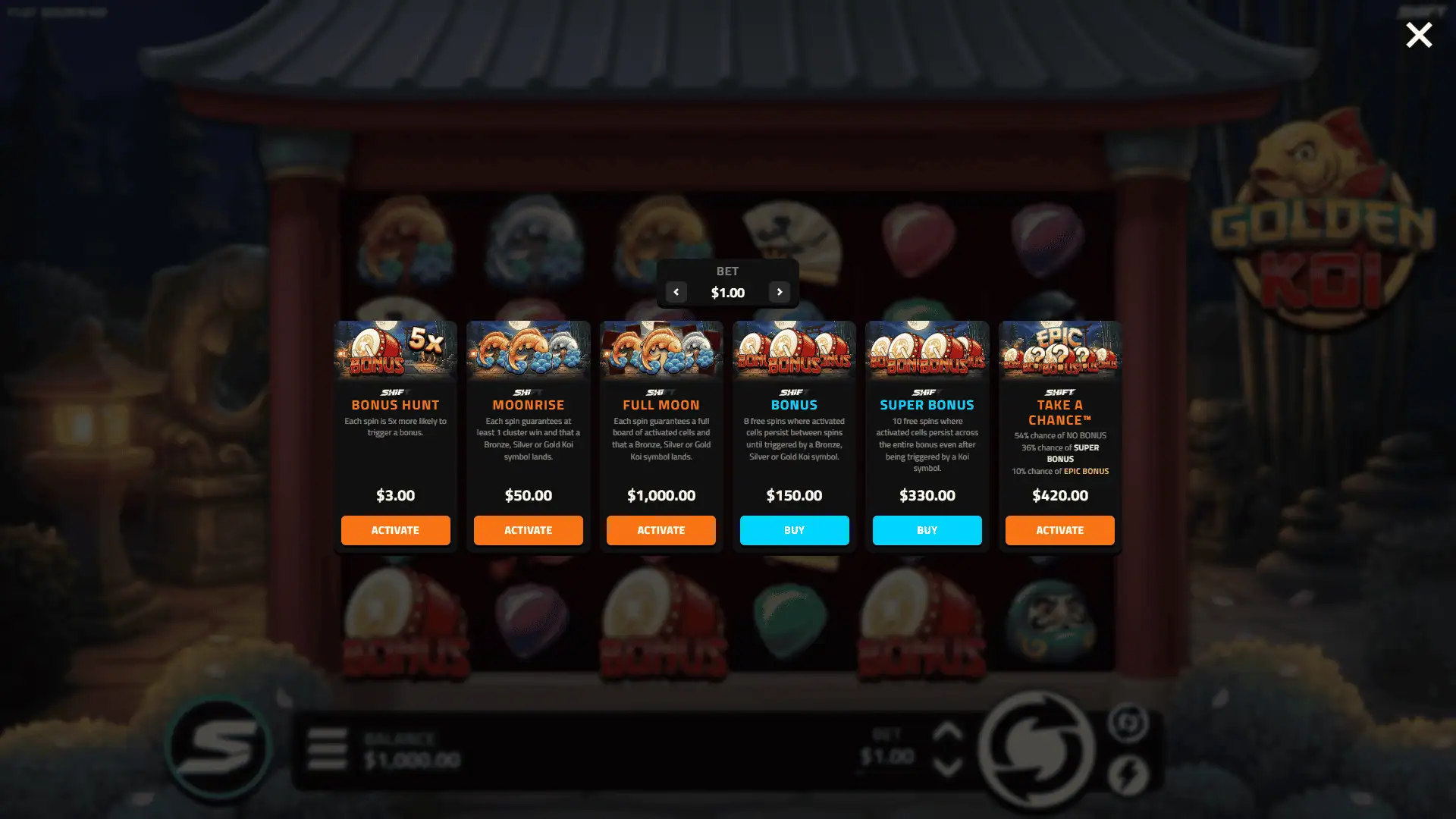 Golden Koi bonus buy menu