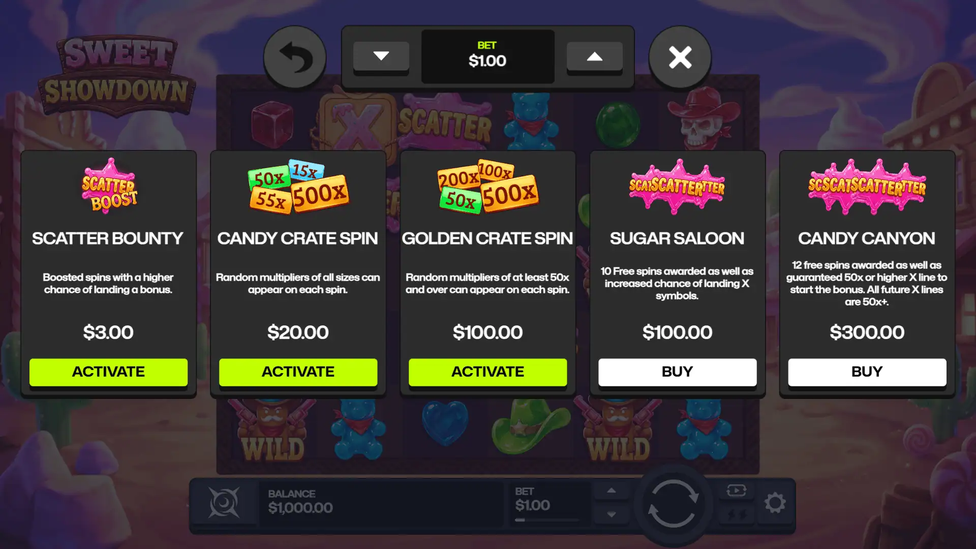 Sweet Showdown bonus buy menu
