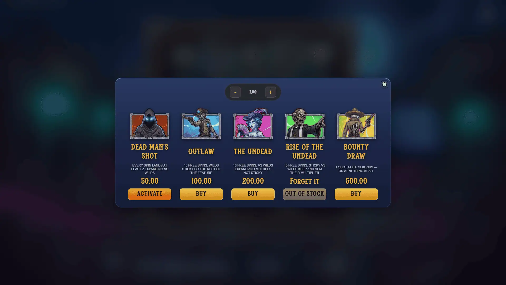 Deadlands Outlaws bonus buy menu