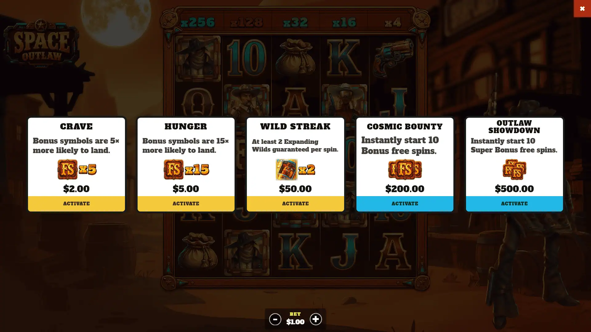 Space Outlaw bonus buy menu