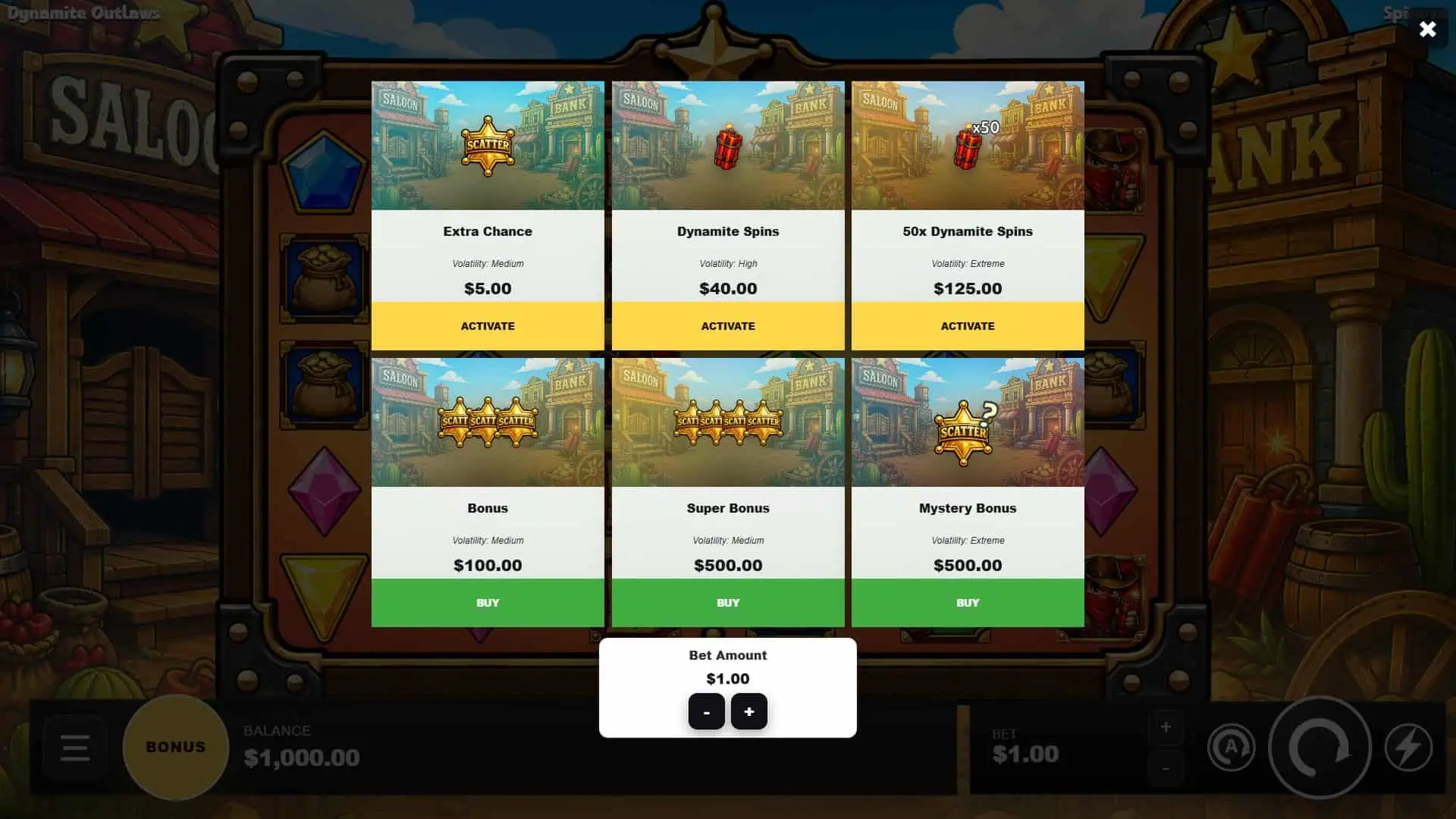 Dynamite Outlaw bonus buy menu