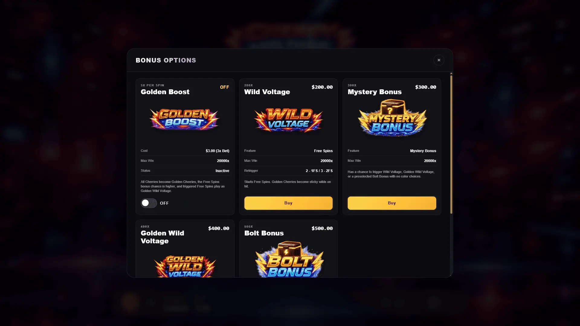 Cherry-Voltage bonus buy menu
