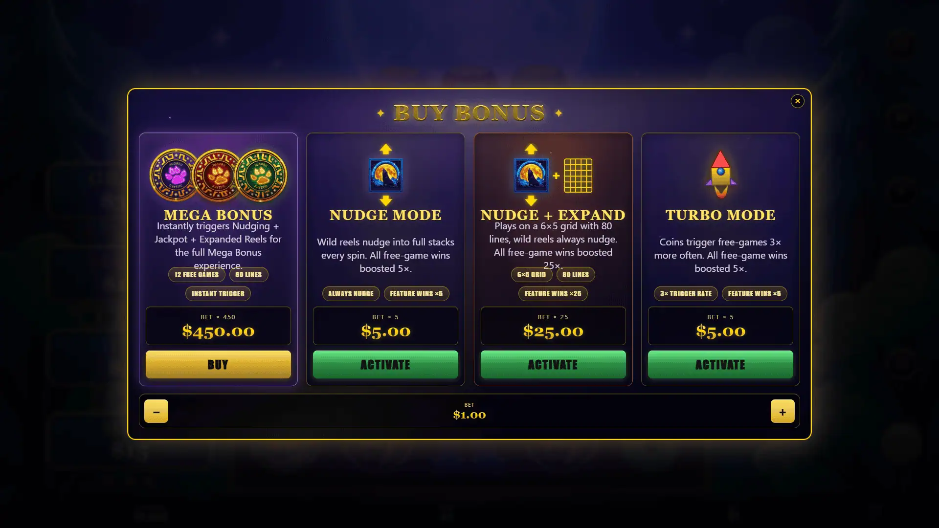 Wild Wolf Moonshot bonus buy menu