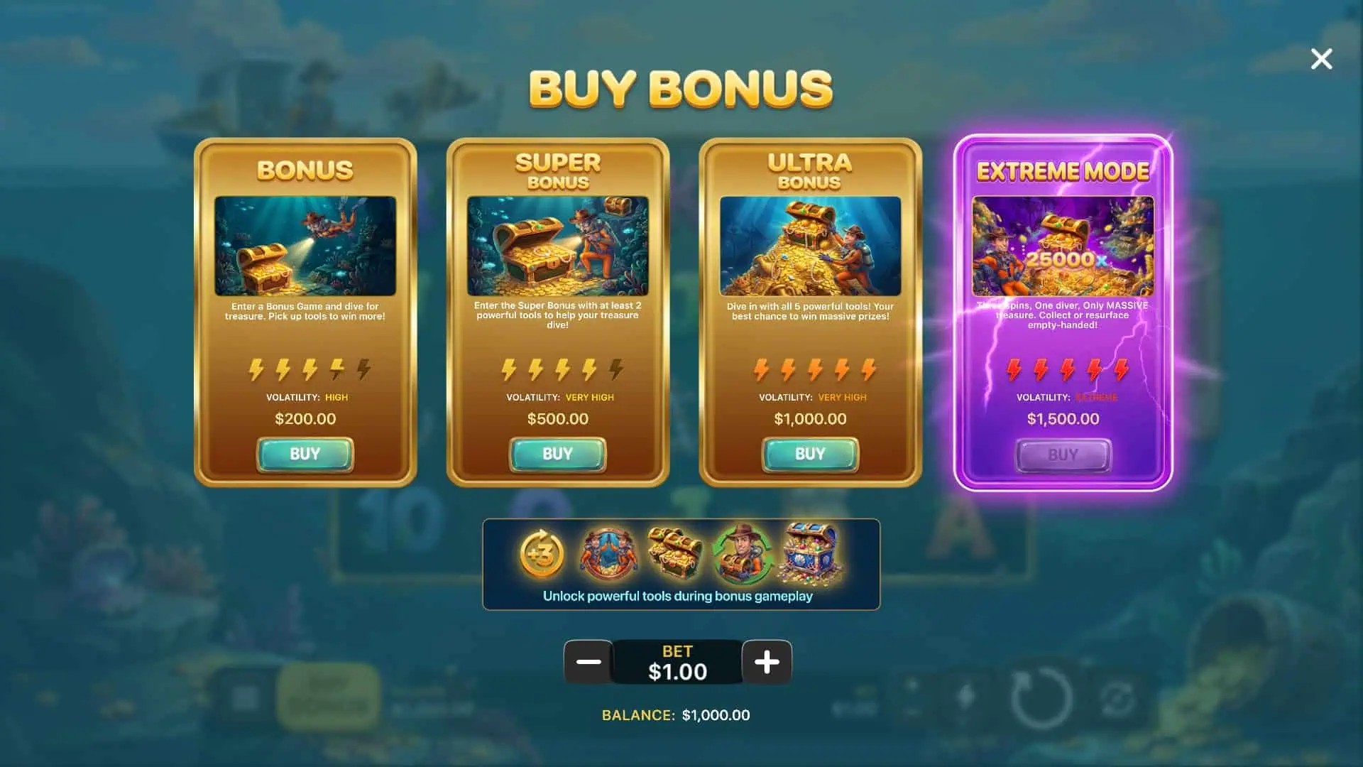 Treasure Diving Extreme bonus buy menu