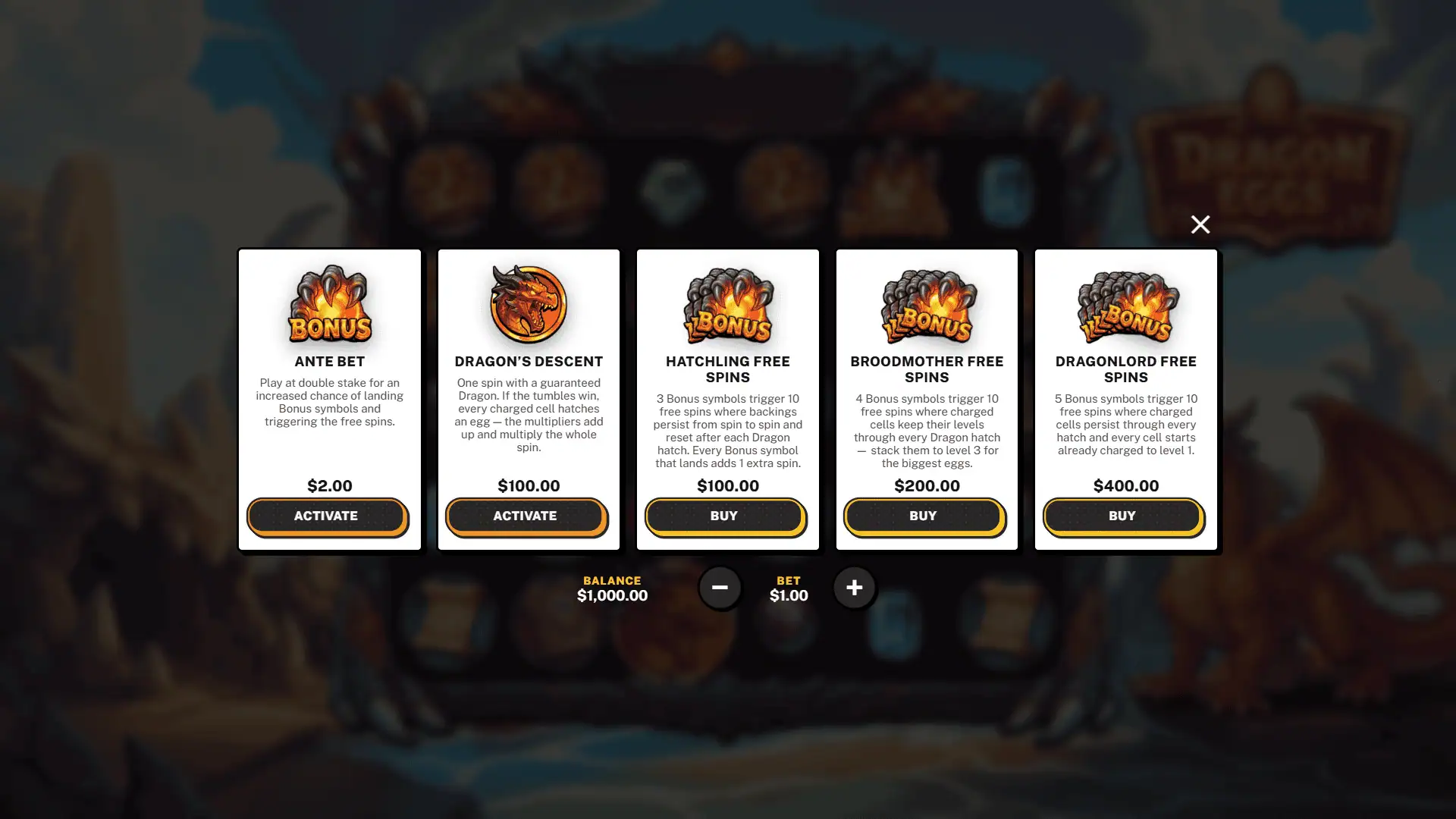 Dragon Eggs bonus buy menu