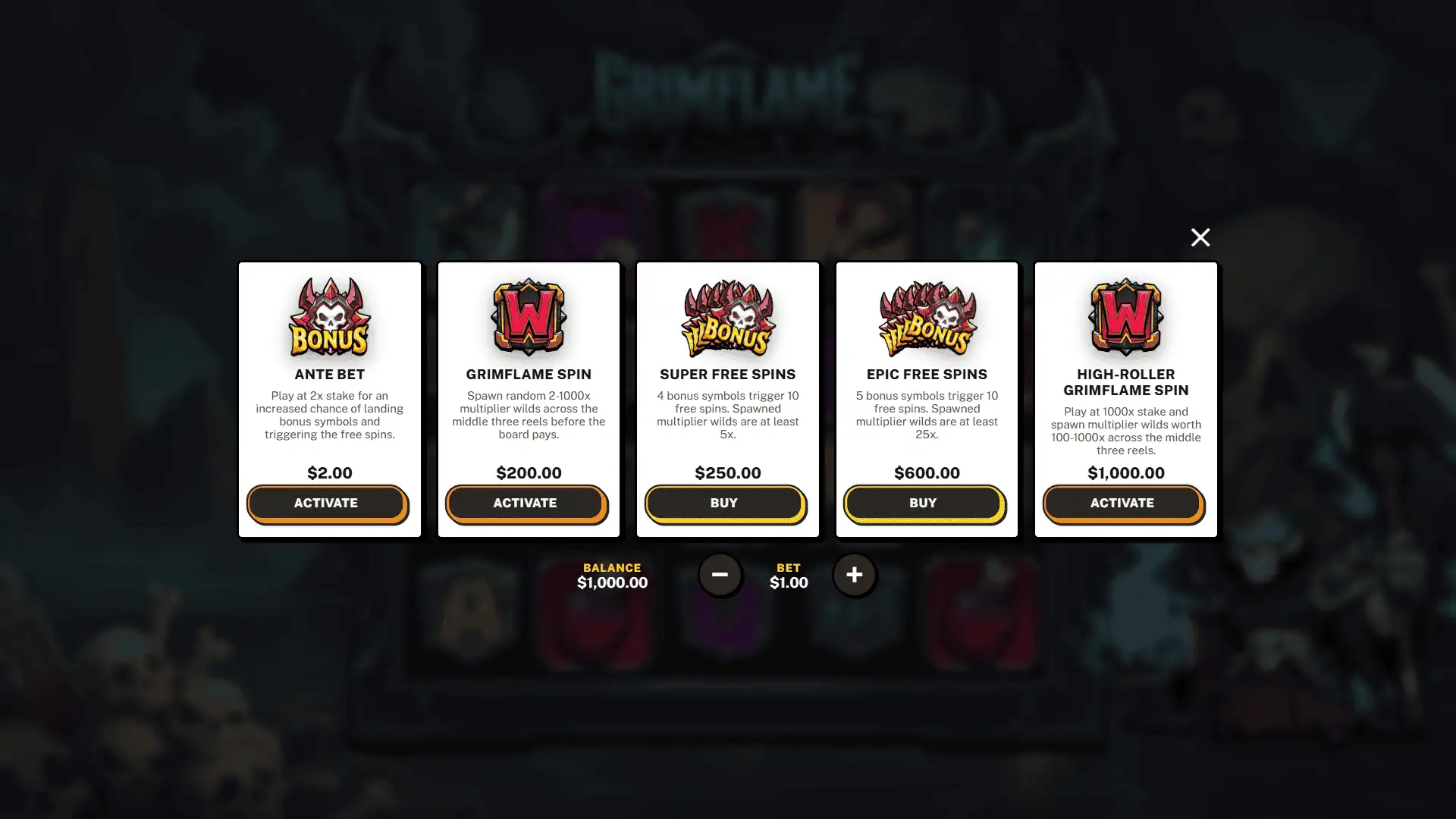 Grimflame bonus buy menu