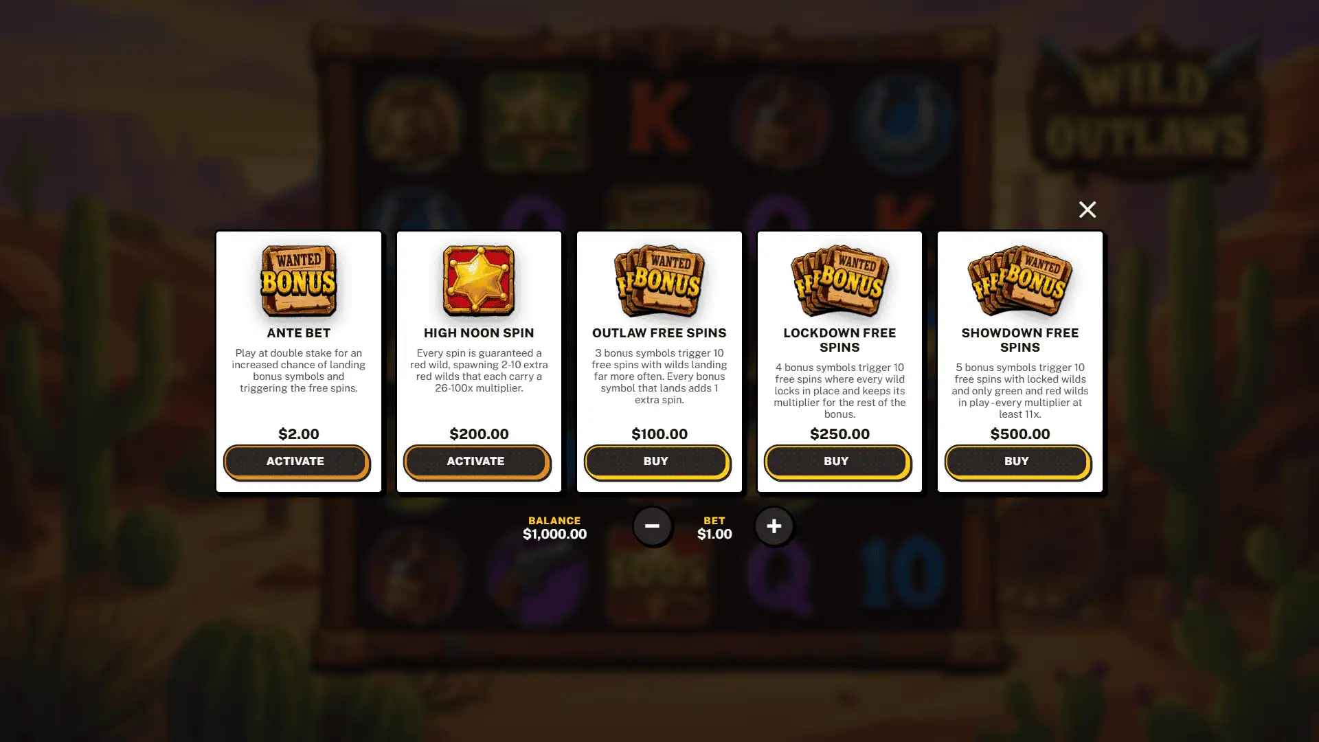 Wild Outlaws bonus buy menu