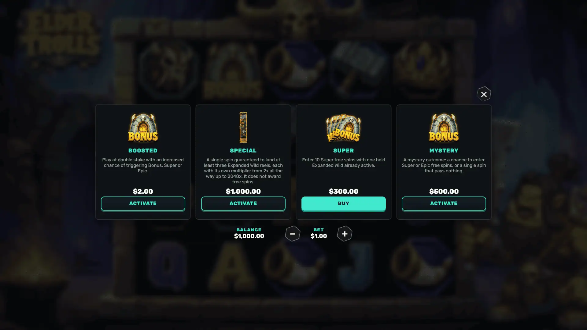 Elder Trolls bonus buy menu