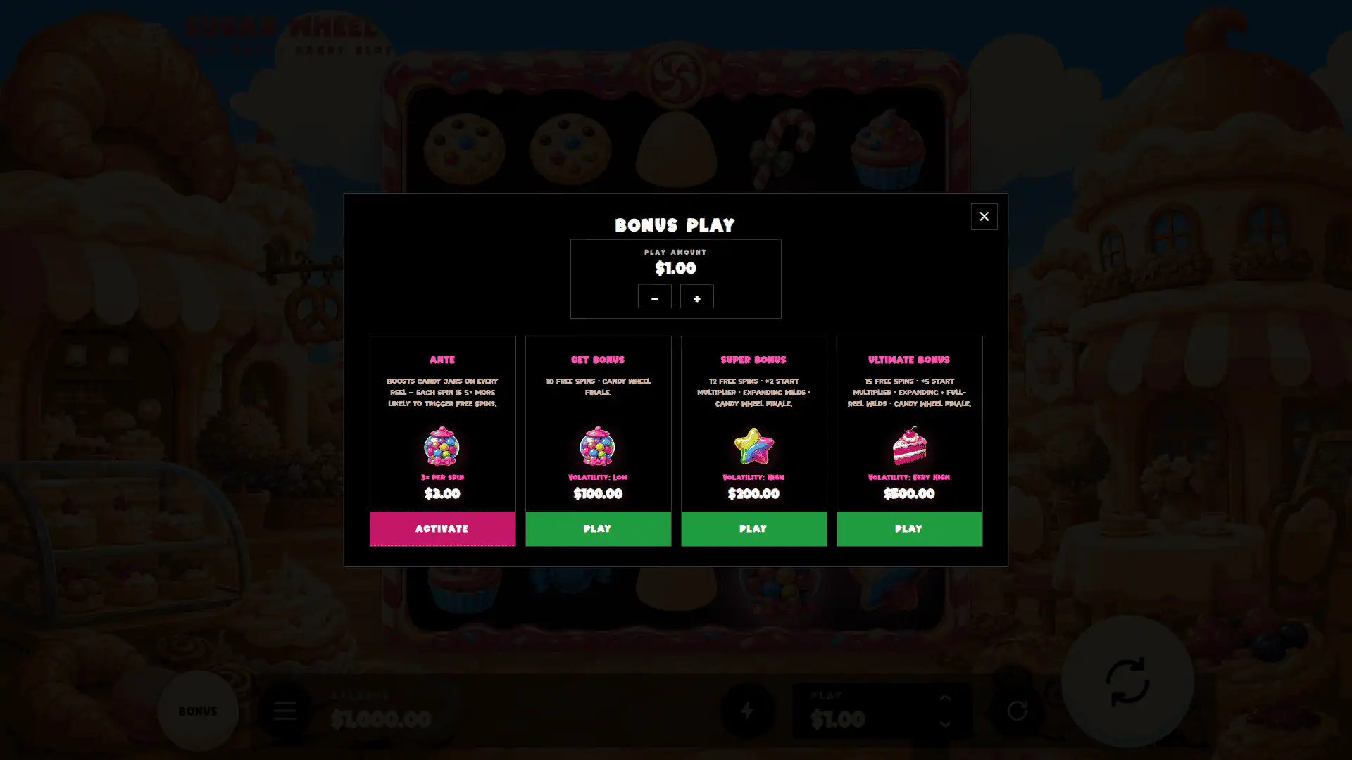 Sugar Wheel bonus buy menu