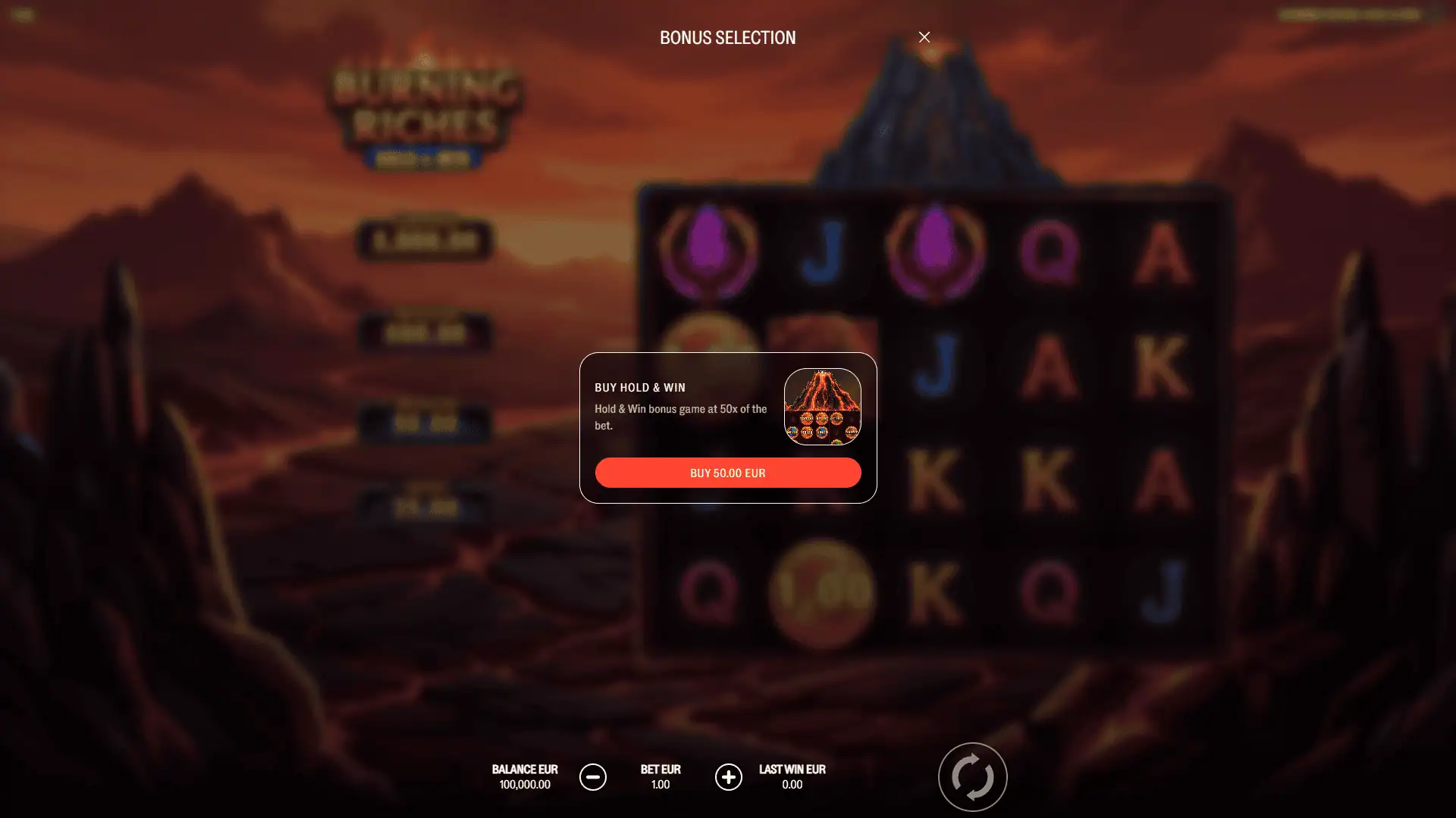 Burning Riches: Hold and Win bonus buy menu