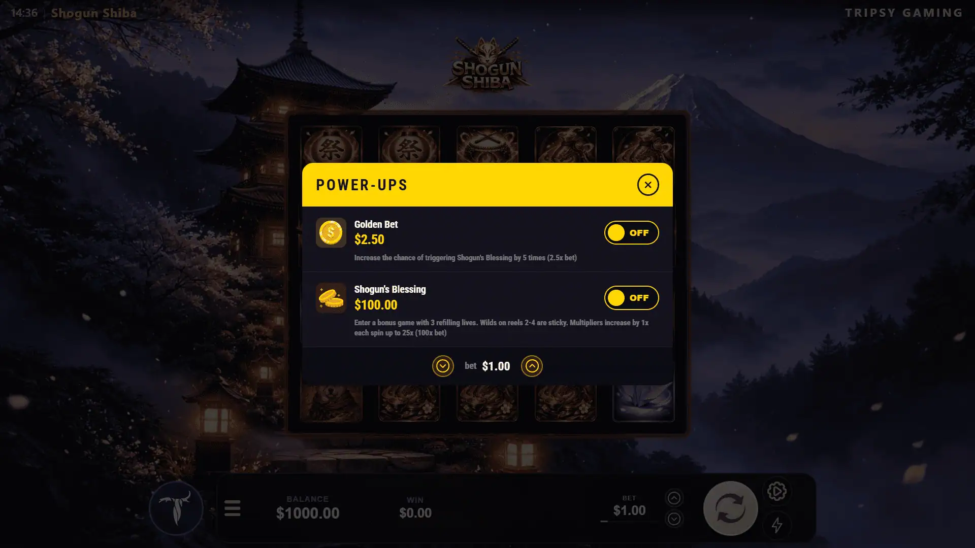 Shogun Shiba bonus buy menu
