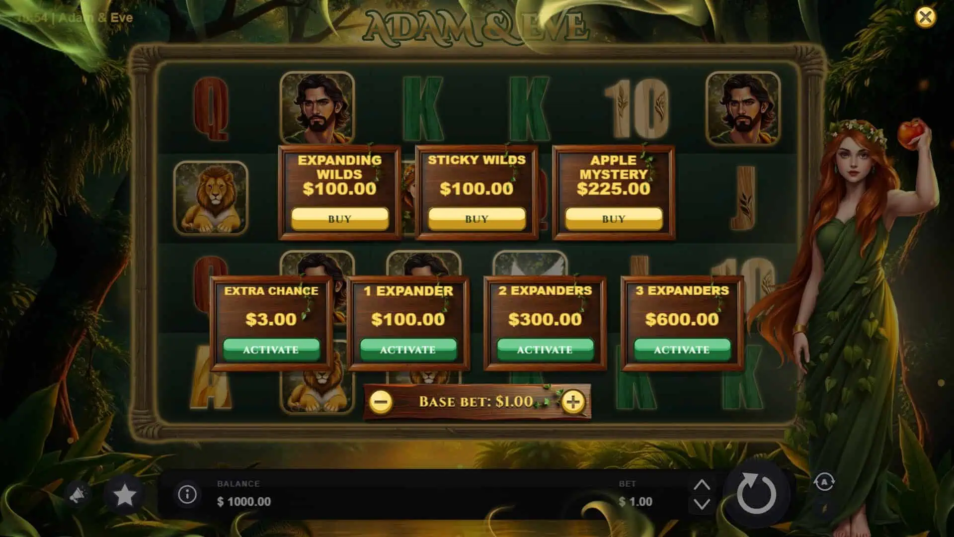 Adam and Eve bonus buy menu